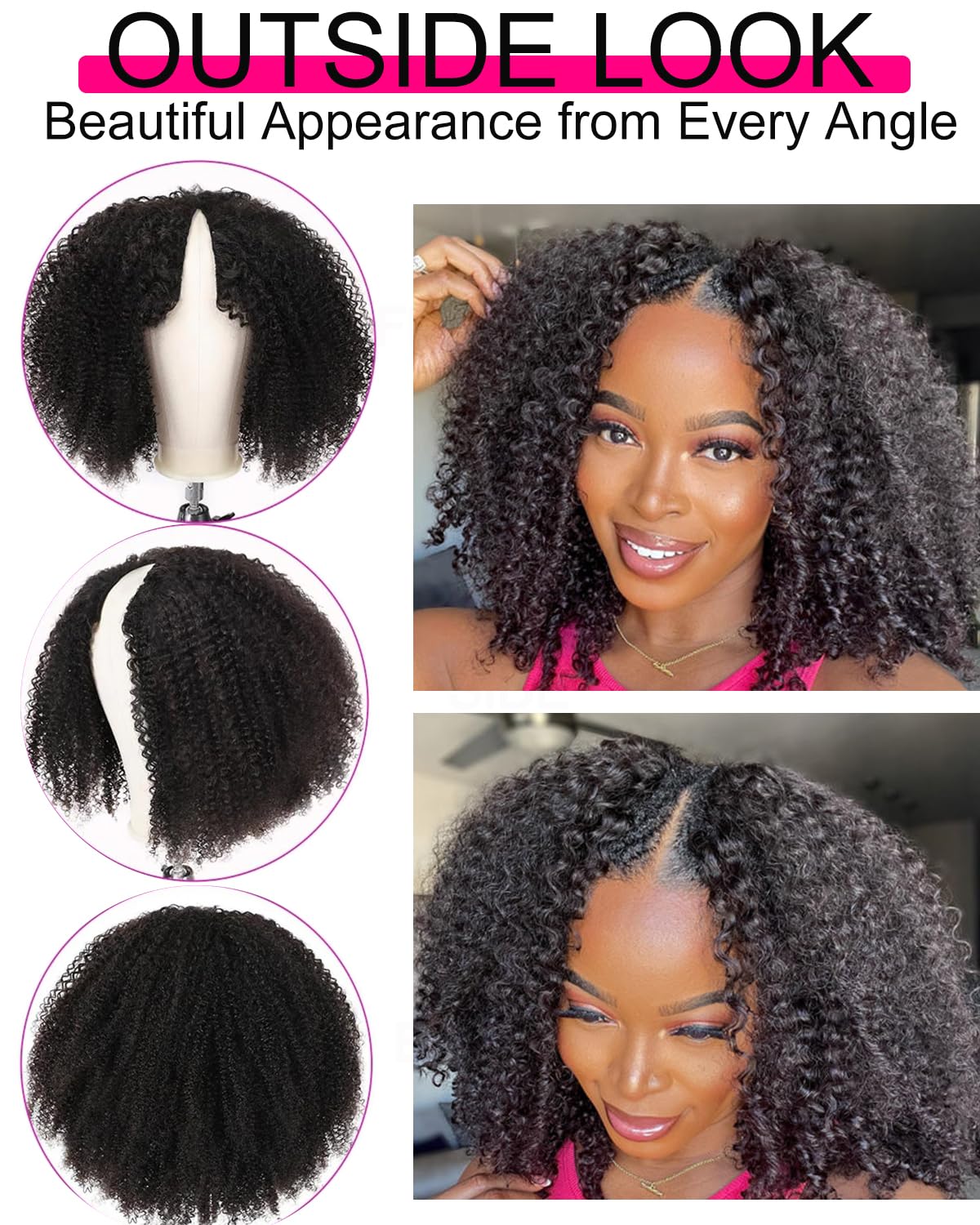 Vshow Glueless Wigs V Part Wig Human Hair Afro Curly Wig No Leave Out Thin Part Human Hair Wig Beginner Friendly 180% Density Upgrade U part Kinky Curly Wigs 20Inch