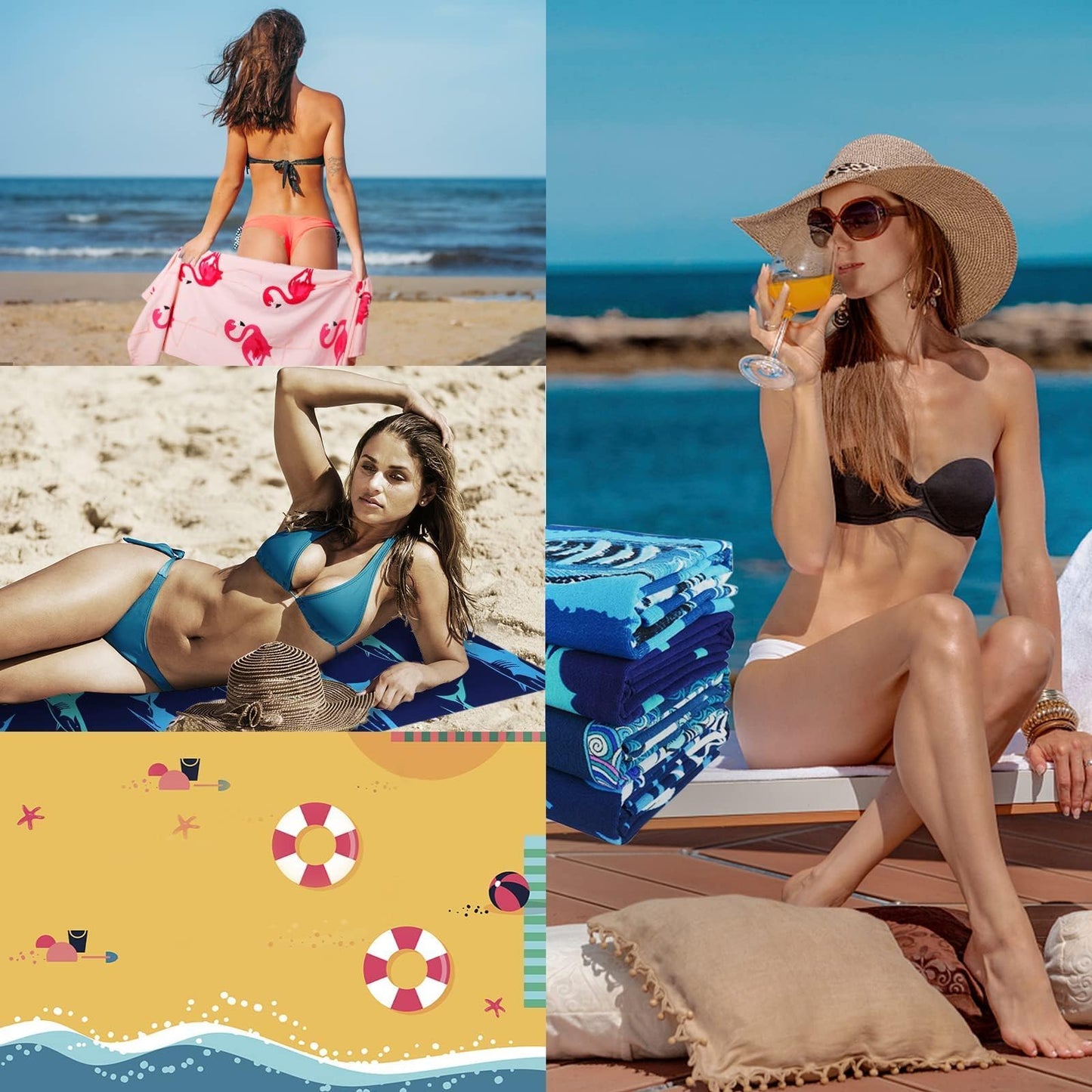 4 Packs Oversized Thin Beach Towel Set XL Extra Large Big 36 x 72 in Clearance Travel Towels Soft Swim Blanket for Adult Women Men Chair Cover Accessories Essentials Blue Shark Turtle Pink Flamingos