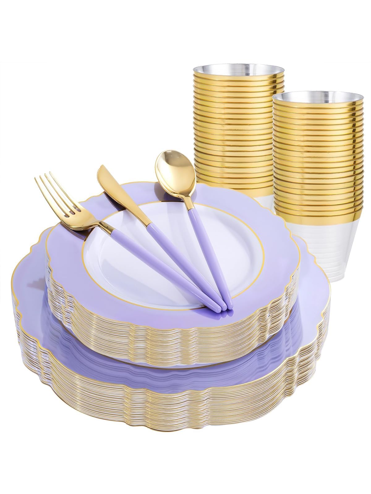 WDF 150Pcs Purple Plates Disposable - Baroque Lavender Purple and Gold Plates - 25Guest Plastic Dinnerware Ideal for Wedding/Party/Birthday/Bridal Shower
