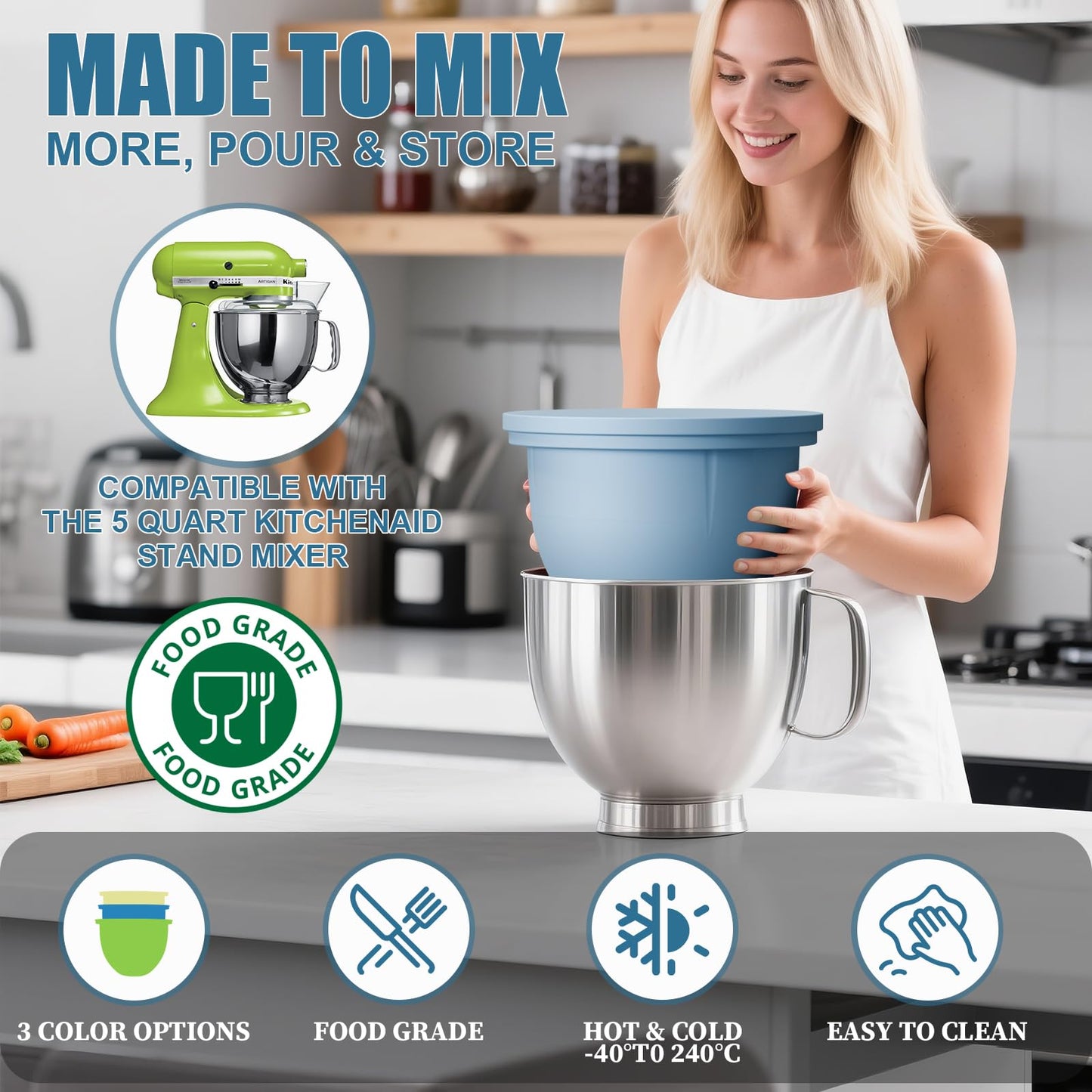 GuanQiao Silicone Bowl Liners for 5 Qt KitchenAid Mixers, 3 Liners with Lids, Blue/Beige/Green