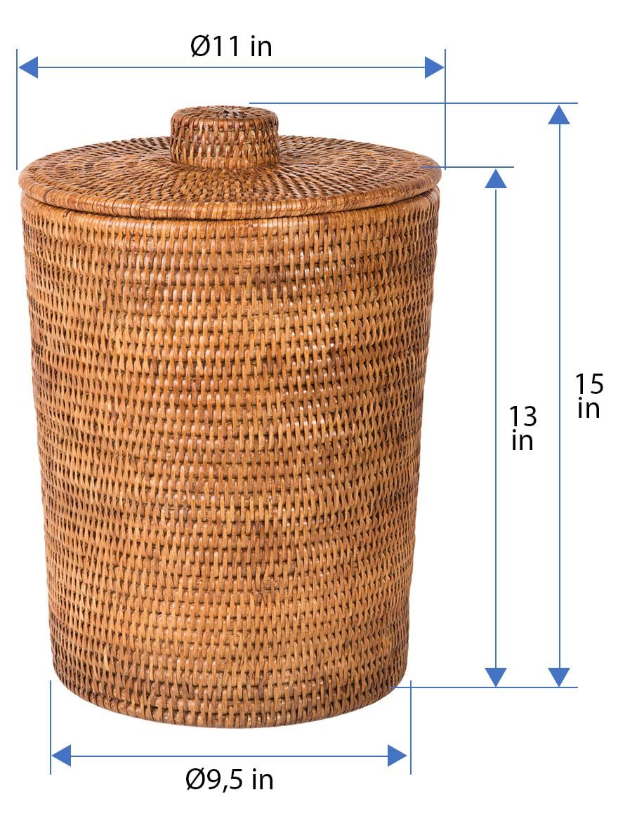 KOUBOO La Jolla Rattan Round Waste Basket with Plastic Insert & Lid, Large, Honey-Brown for Bedroom, Living Room and Bathroom