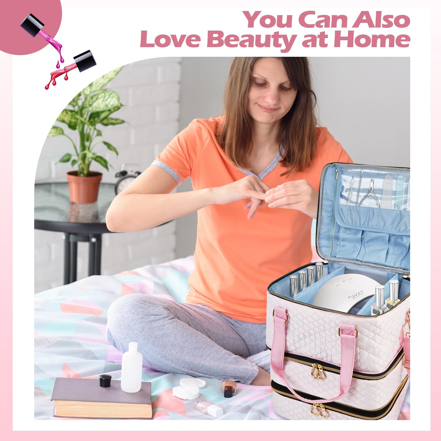 Cheungren Nail Polish Organizer Case - Three Layer Nail Polish Storage Bag with Adjustable Dividers Holds 84 Bottles Nail Polish Nail Lamp Nail Kit Supplies Organizer Box - Pink
