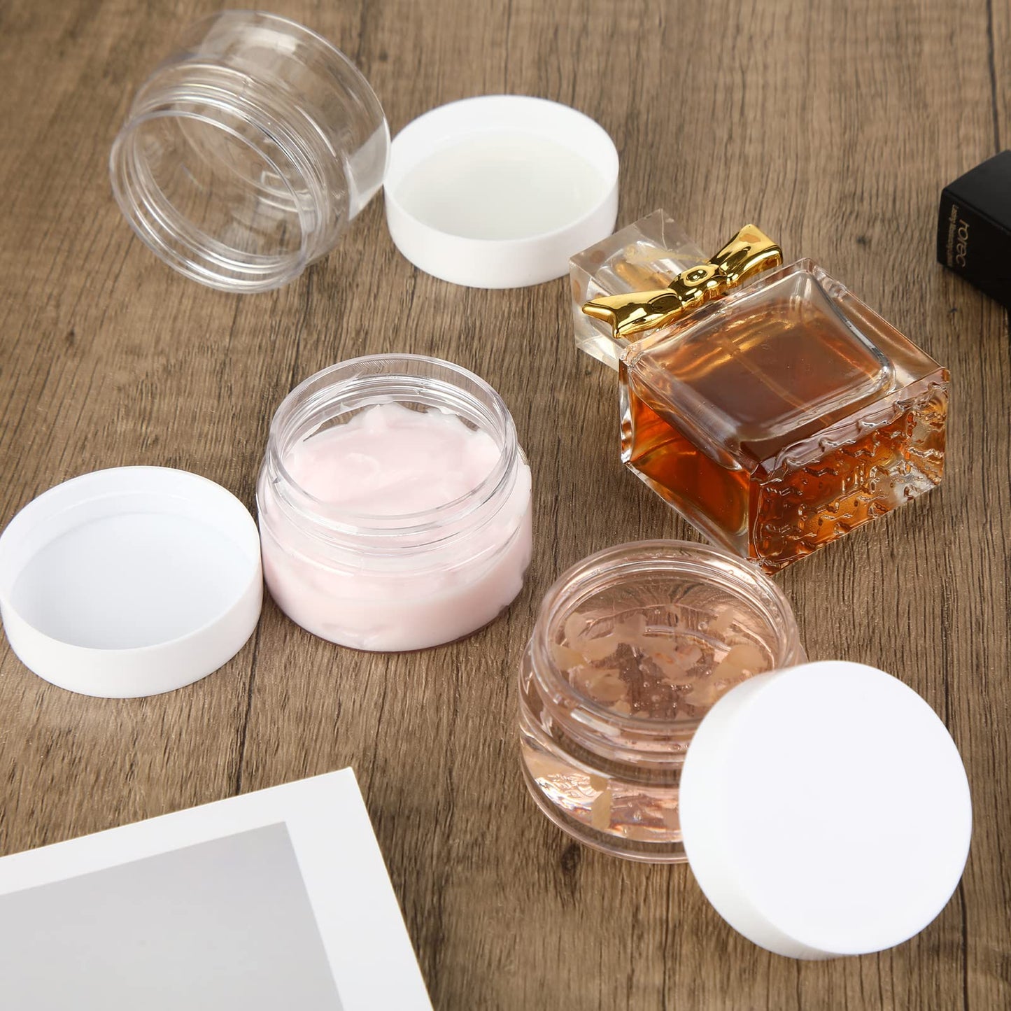 SATINIOR 100 Pcs Plastic Jars with Lids Small Clear Containers with Lids Wide Mouth Small Plastic Containers for Lotion Cream Rhinestones Body Butters Travel Storage (Clear with White Lid, 2 oz)