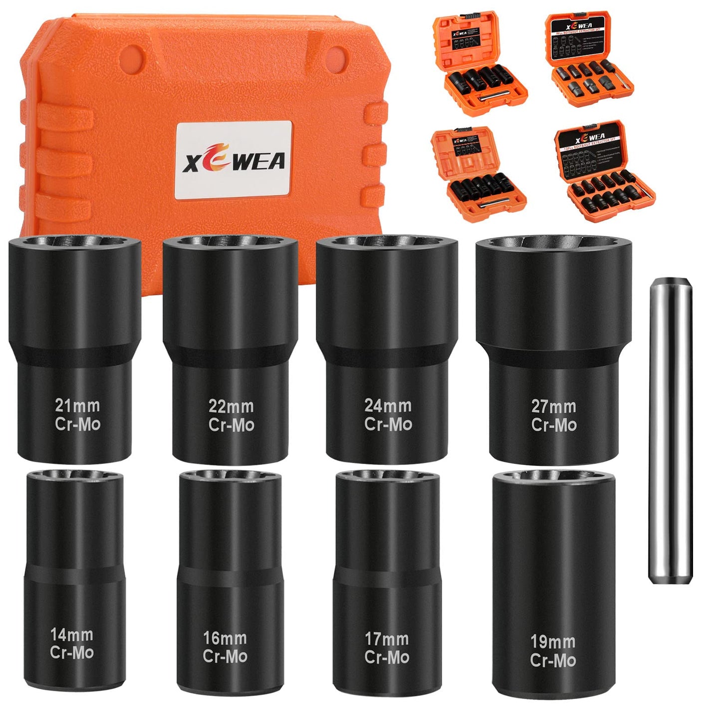 XEWEA 9PCS Lug Nut Extractor Set, 1/2" Drive Impact Bolt Remover Socket Tool, Wheel Lock Removal Kit, Easy Out Extractor Set for Damaged, Frozen, Rusted, Rounded-Off Bolts, Father's Day Gift
