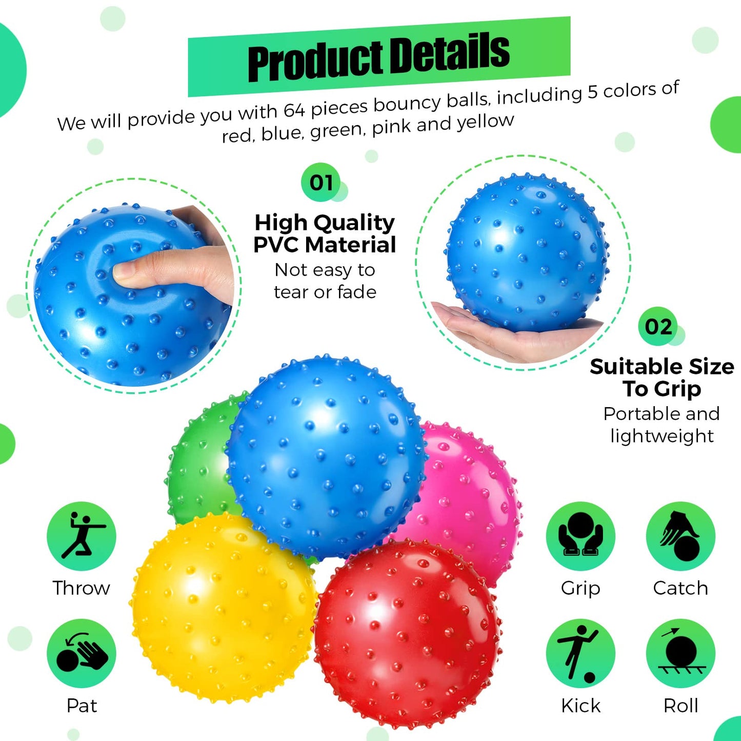 64 Pieces 6.3 Inch Knobby Balls for Kids Sensory Balls with Air Pump Small Inflatable Bouncy Soft Spiky Toddler Bounce Party Favors Summer Beach Pool Baby Massage Stress Play Set, 5 Colors