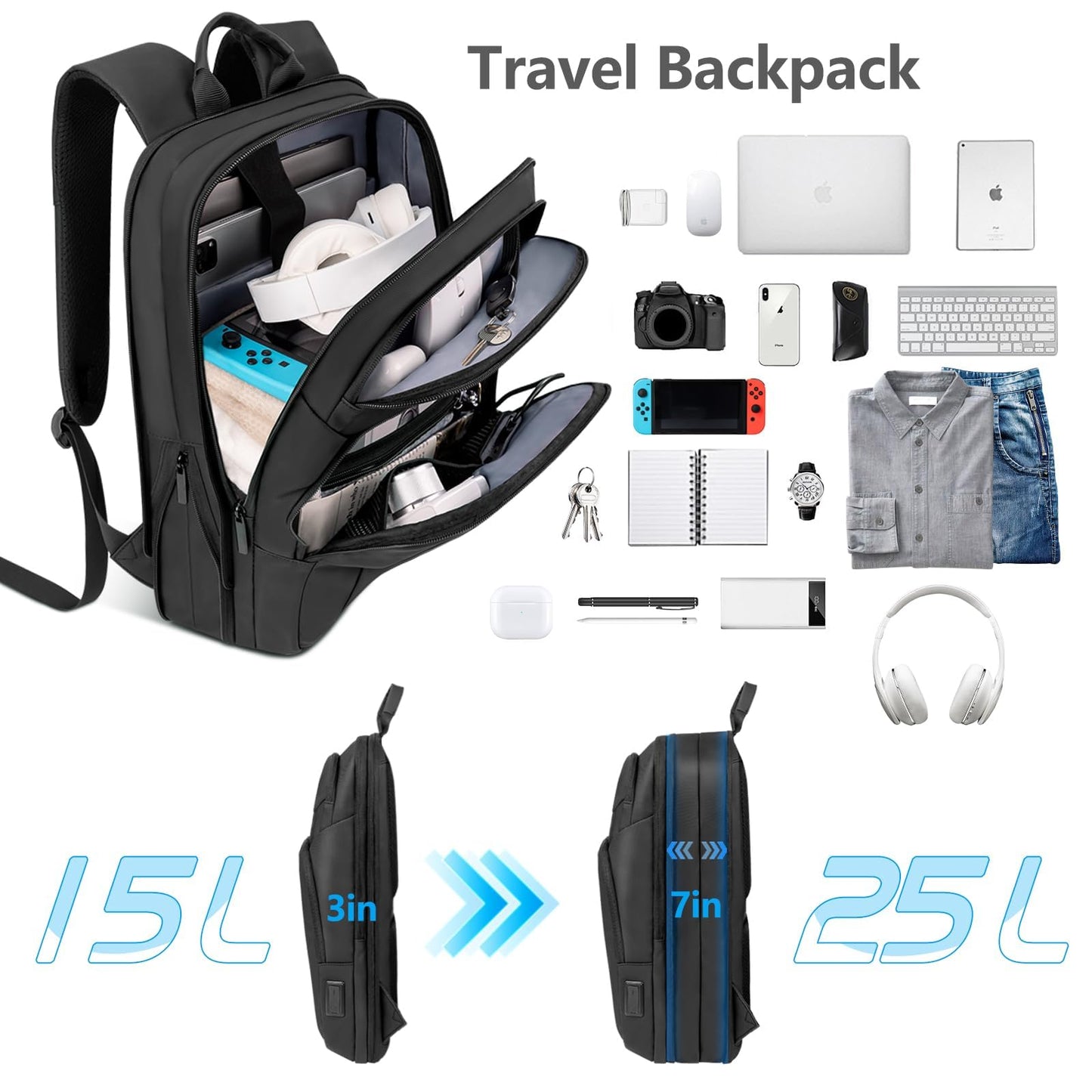 Backpack for Men Slim & Expandable Travel Laptop Backpack with USB Charging Port Water Resistant Anti-Theft Business Backpack Fits 15.6In Laptop for Commute Work College with Small Bag(Business Black)