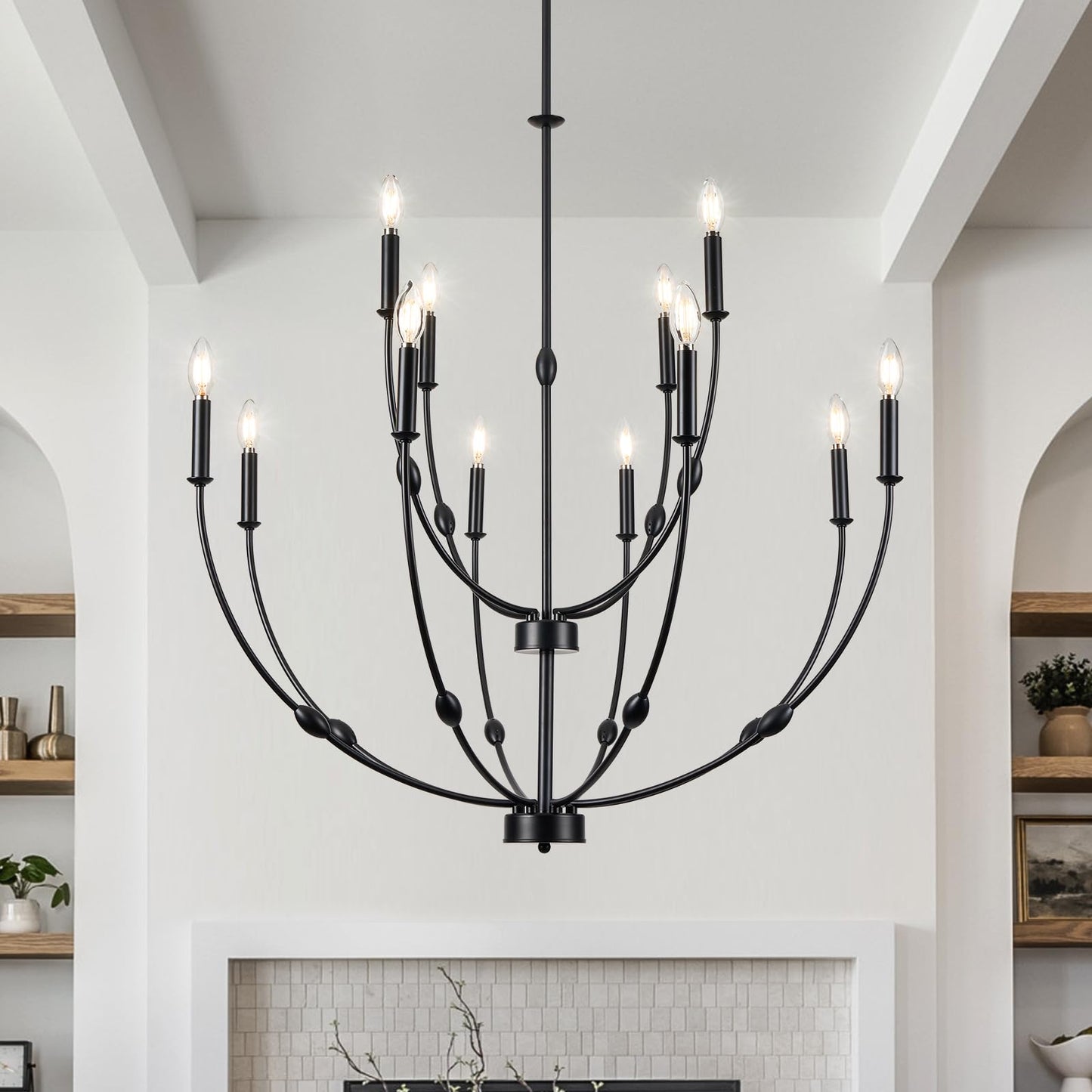 ACANER 12-Lights Black Farmhouse Chandelier for Living Room, 35 Inch 2-Tiers Large Chandeliers for High Ceilings, Modern Rustic Candle Chandelier for Foyer Entryway