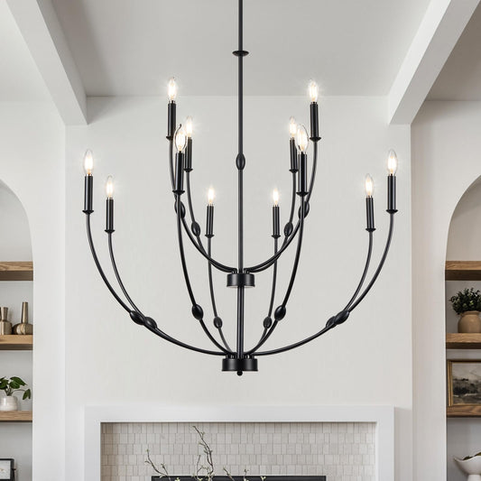 ACANER 12-Lights Black Farmhouse Chandelier for Living Room, 35 Inch 2-Tiers Large Chandeliers for High Ceilings, Modern Rustic Candle Chandelier for Foyer Entryway