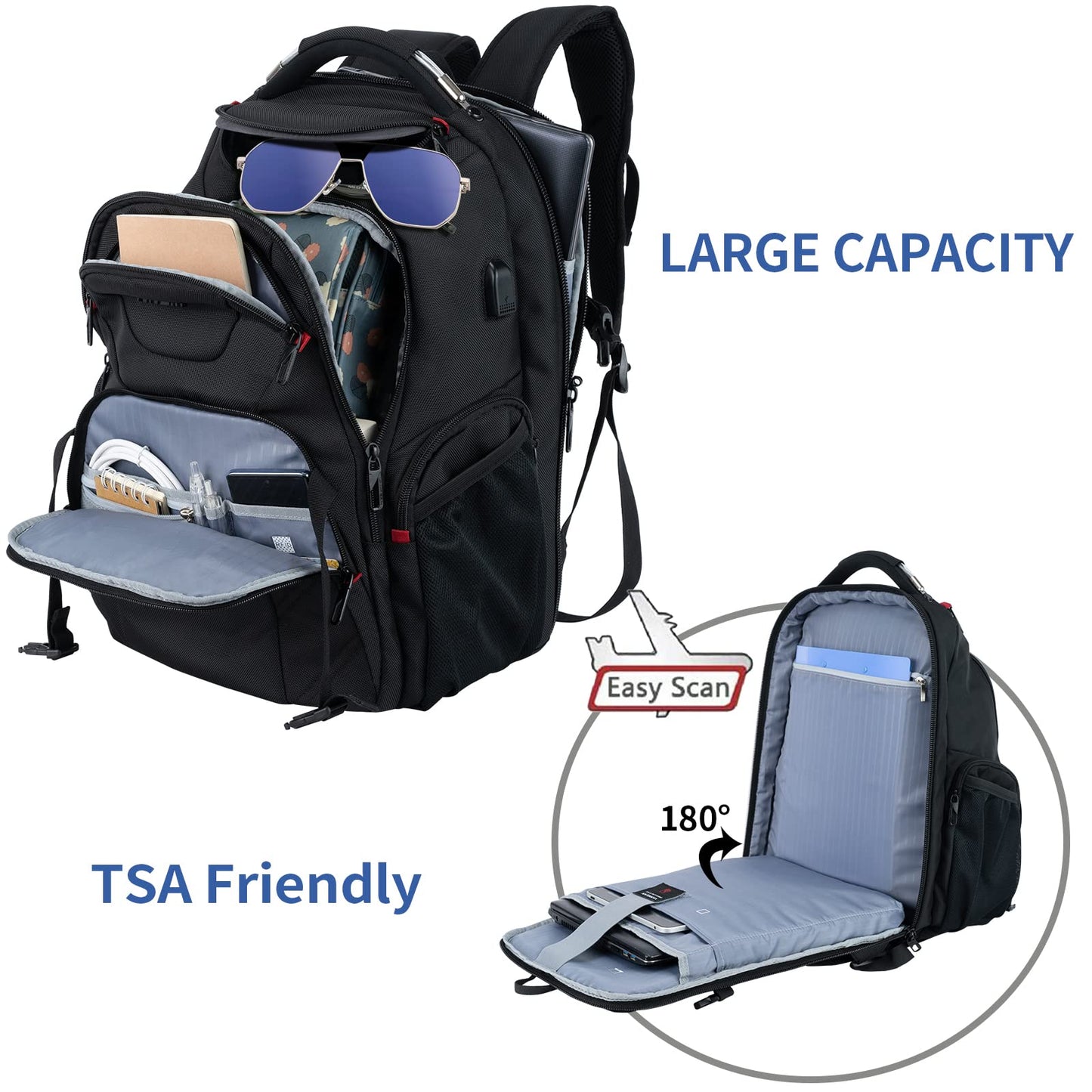 VANKEAN 17.3'' Travel Laptop Backpack TSA Friendly, Water Resistant Anti Theft Extra Large College Backpacks with RFID Pockets, USB Port for Men Women Business Work Bag, Black