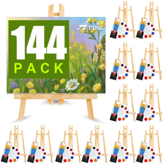144 PCS Professional Painting Set, 12 PCS Wood Easels,12 Packs of 120 Brushes with Nylon Brush Head and 12 PCS Palettes, Painting Supplies kit for Kids & Adults Party.