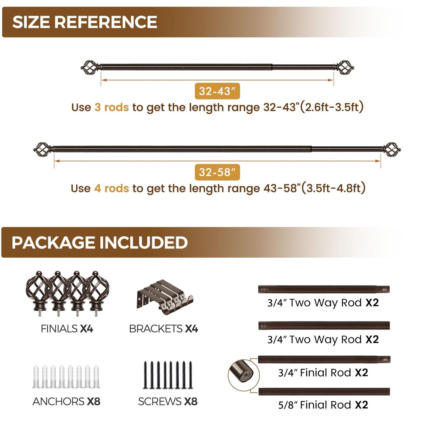 KAMANINA 2 Pack Curtain Rods 32 to 58 Inches (2.6-4.8ft), 3/4 Inch Curtain Rods for Windows Splicing Adjustable Single Drapery Rod with Twisted Cage Finial, for Indoor and Outdoor, Bronze