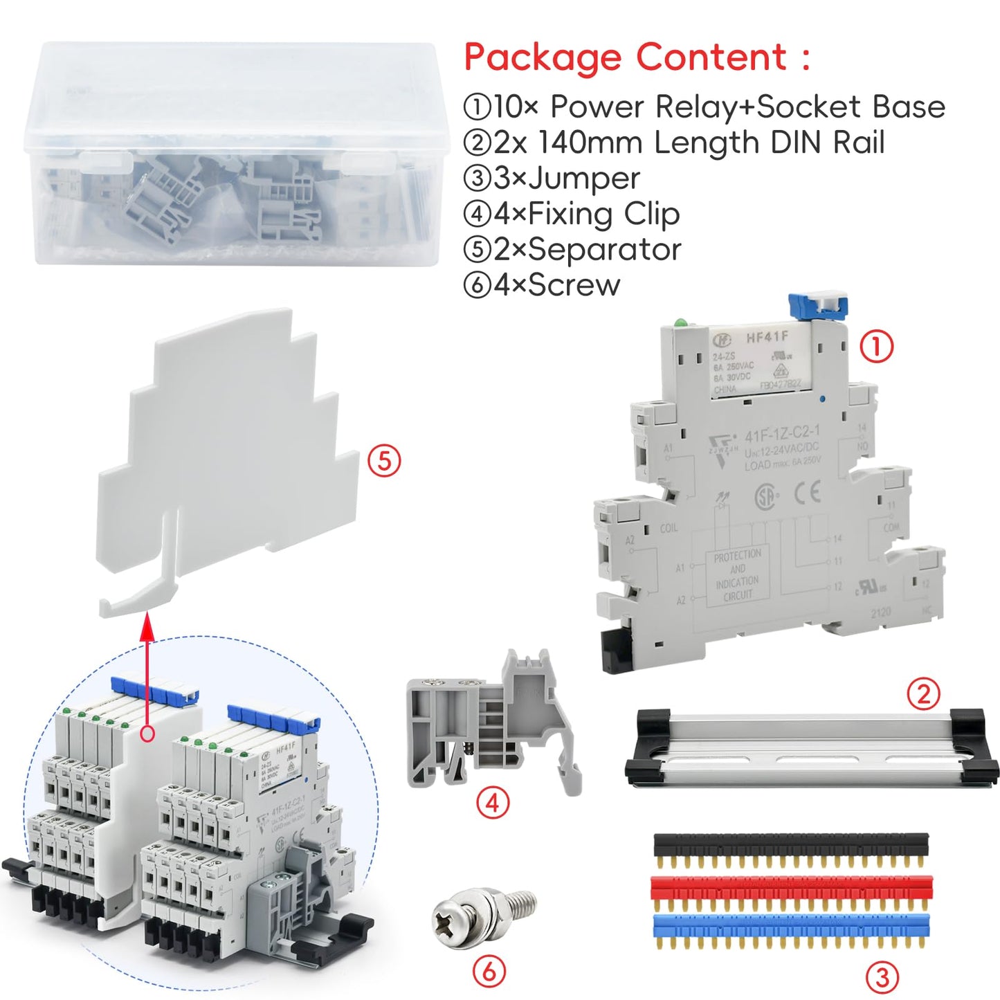 ZJWZJH 10Pcs Miniature Electromagnetic Relay 24V Coil DC/AC; Signal for PLC; HF41F/24-ZS 1NO 1NC 6Amp SPDT with Jumper, Separator, 24V Relay Din Rail, UL Certification