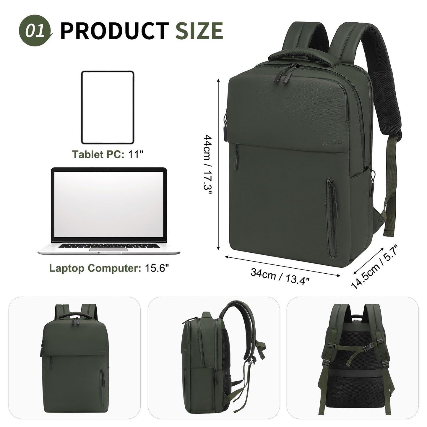 SUIKIHUM Lightweight Commute Backpack for Men & Women, Water-Resistant Travel Daypack with 15.6-Inch Laptop Compartment & Anti-Theft Pockets, Forest Green
