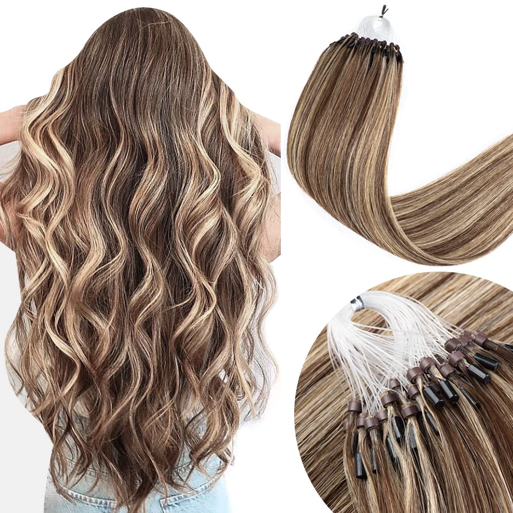 Senmy Micro Ring Hair Extensions Real Human Hair 24inch Microlink Human Hair Extensions #4/613 Medium Brown with Blonde Micro Loop Extensions Human Hair 0.5g/strand 50g/pack Micro Hair Extensions
