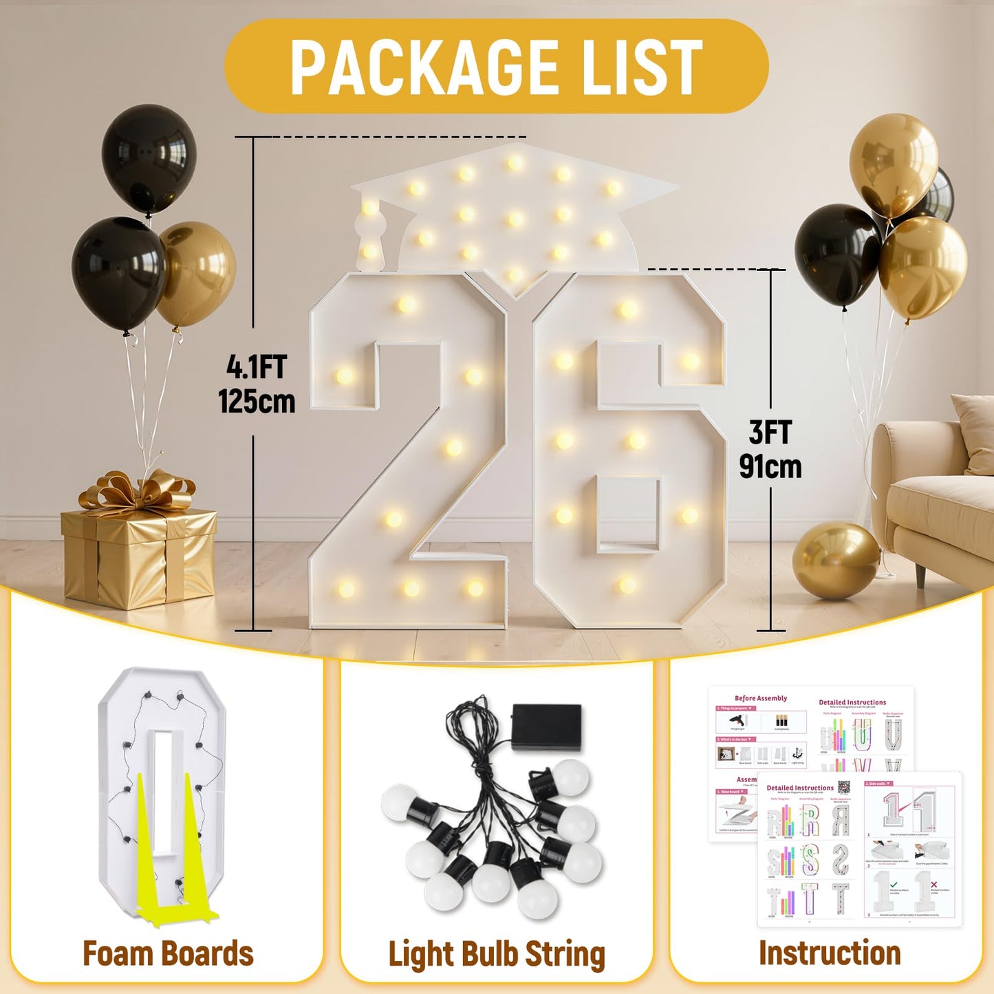 Graduation Decorations Class of 2026, 3FT Light Up Marquee Number 26, Big Marquee Letters 26 Sign for Grad Graduation Decoration Party for Preschool High School College
