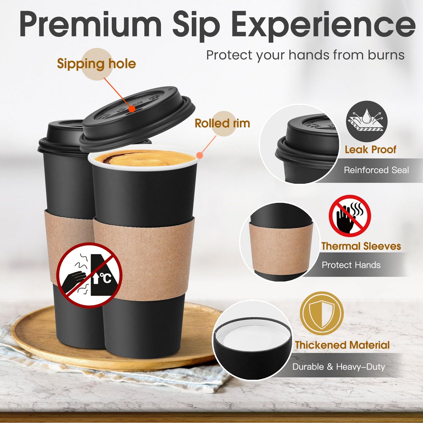 Ginkgo 100 Pack 20 oz Disposable Coffee Cups with Lids and Sleeves, Leak-Free Black Insulated Hot To Go Cups for Coffee Bars, Restaurants, Offices