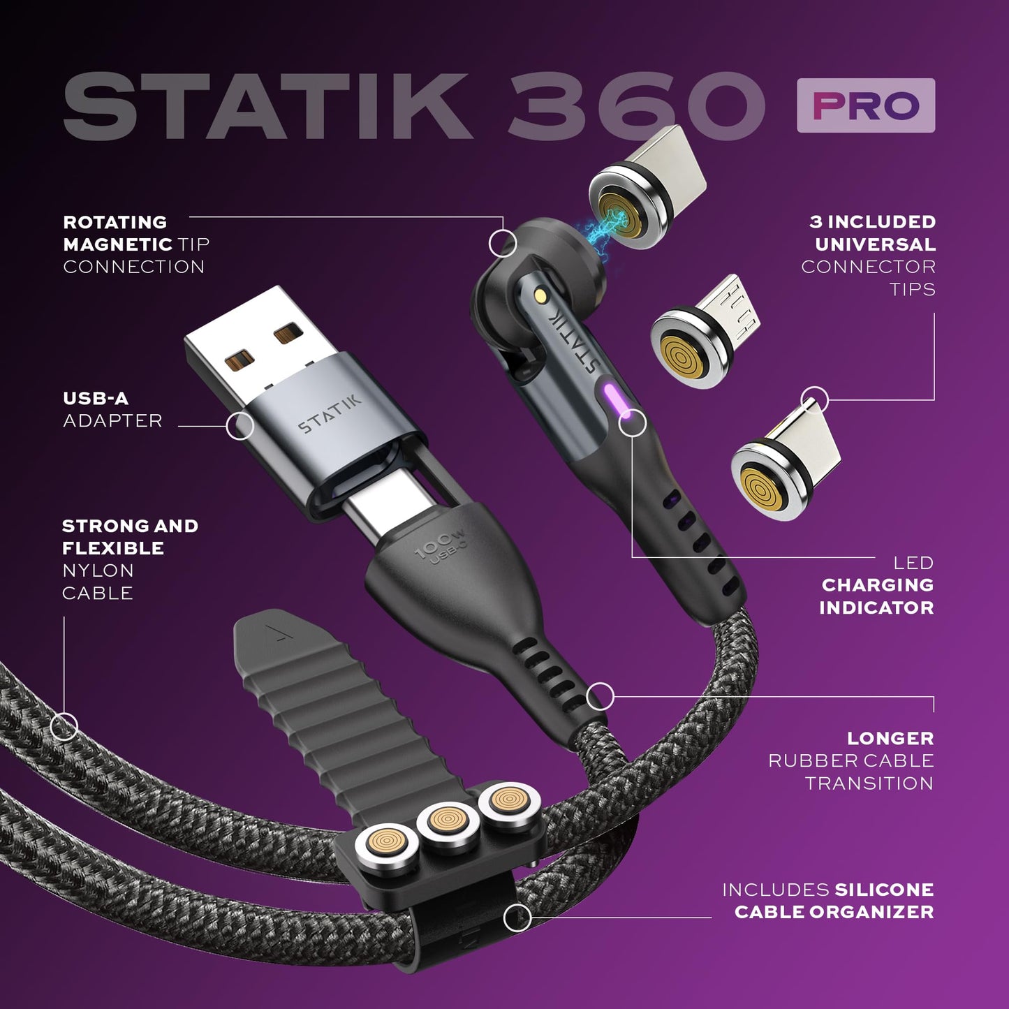 Statik 360 Pro Magnetic Charging Cable - Type C Charger Fast Charging 3 in 1 USB C to USB C Cable, Micro USB & iProduct Tips, USB A Adapter, Fits All Devices - 100W Fast Charger, Black 6FT/2M, 3 Pack