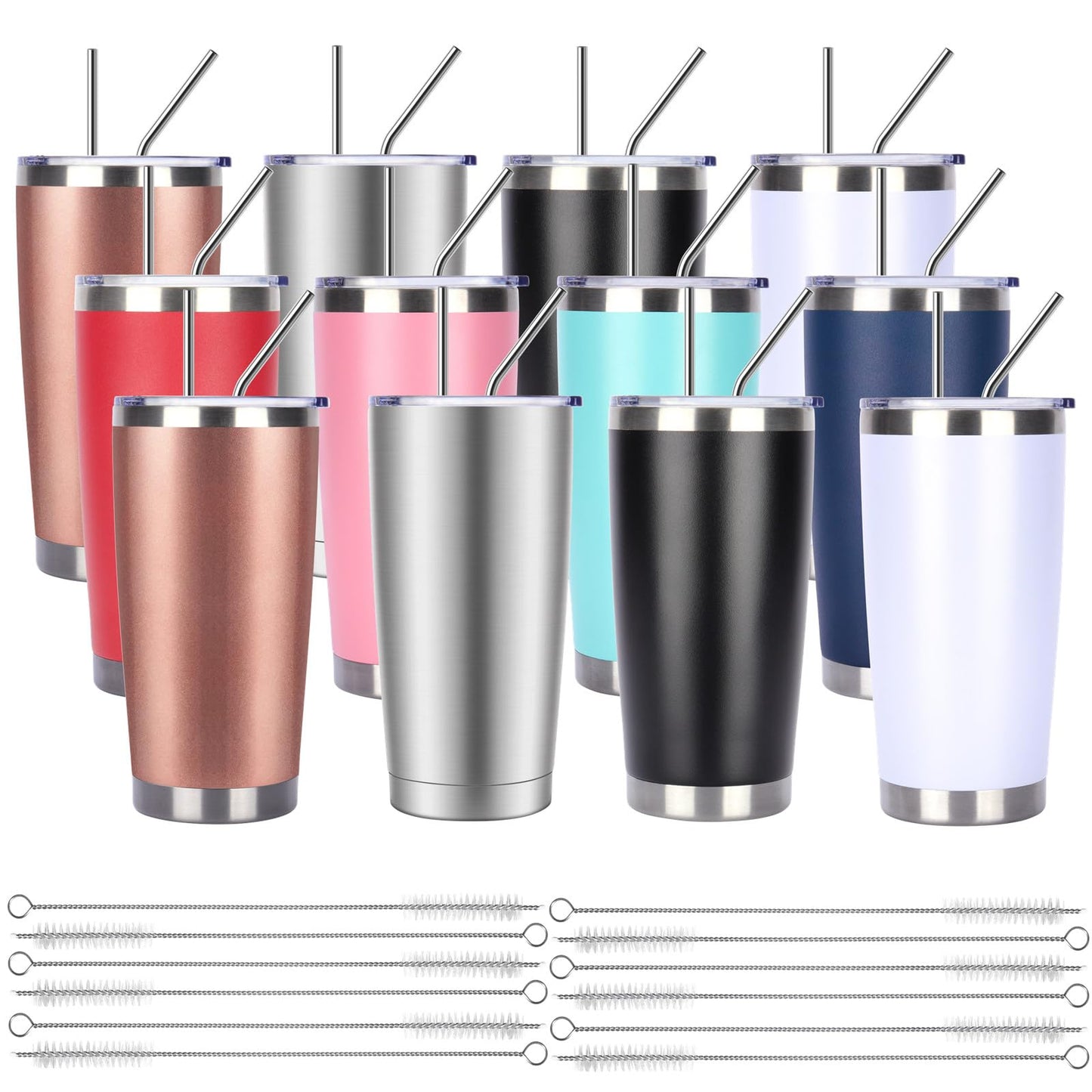 Pandance 20oz Stainless Steel Insulated Tumblers with Lid and Straw Bulk, Double Wall Vacuum Water Cups for Hot & Iced Coffee Drinks Travel Mug (Mix, 12 pack)