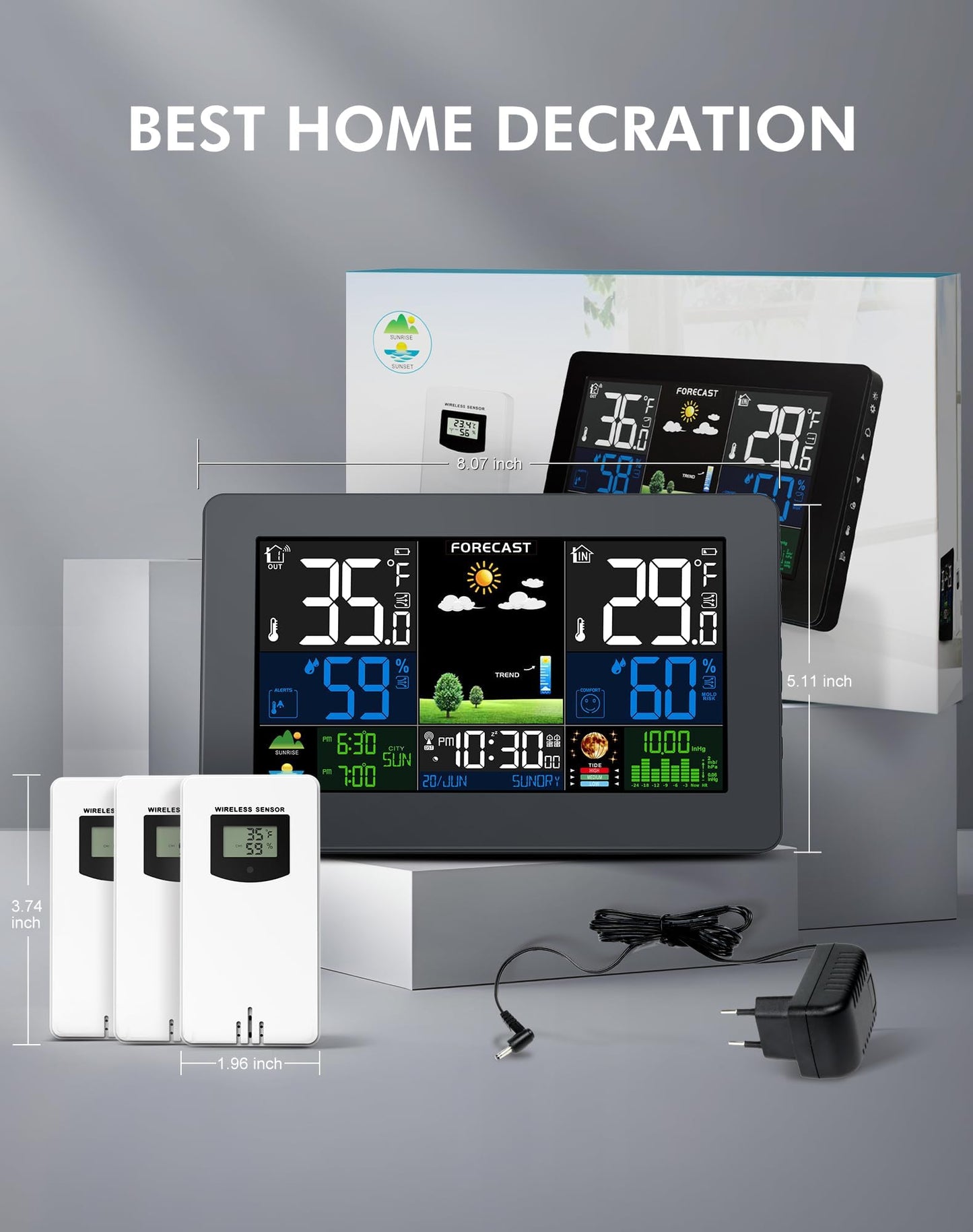 Weather Station Wireless Indoor Outdoor, Digital Outdoor Thermometer with 3 Sensor, Large Display Home Weather Stations with Weather Forecast, Atomic Clock, Barometric Pressure, Moon Phase