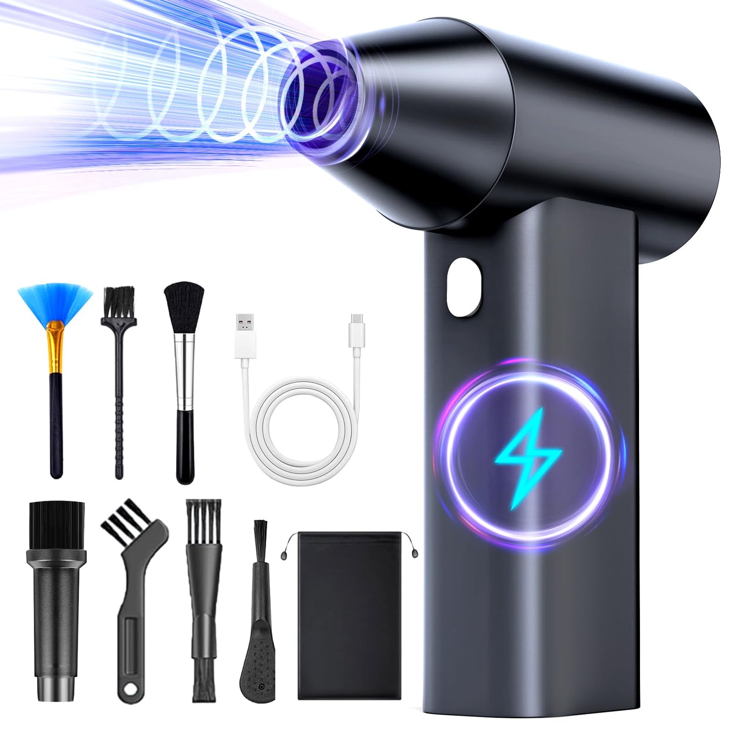 Compressed Air Duster- Mini Blower 3-SpeedAdjustable High-Speed Aluminum Alloy HairDryer,150000RPMElectric Air Duster Blower with Flashlight functionality dusters for Cleaning-Jet Dry Blower-Black