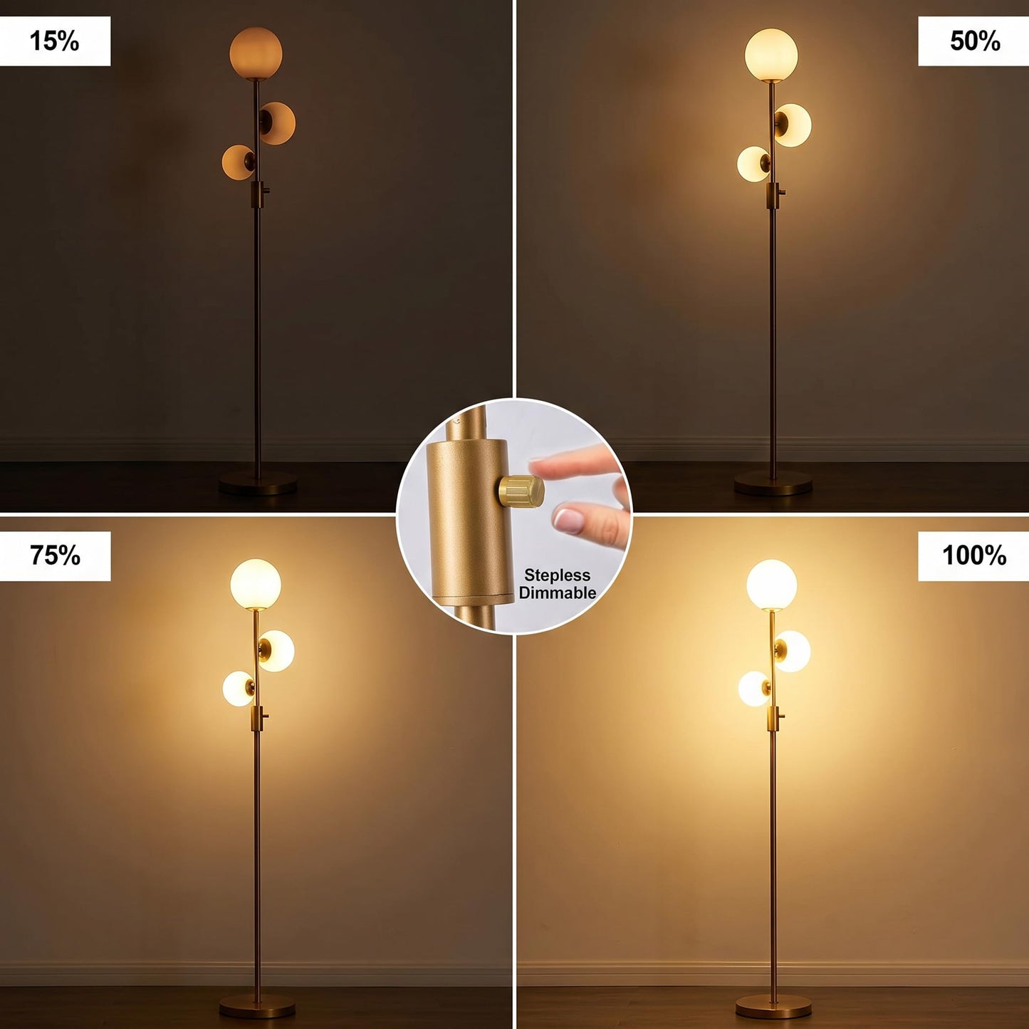Fiqevs Dimmable 3 Globe Floor Lamp - Mid Century Modern Gold Standing Lamp with Frosted Glass Shade & LED Bulbs for Living Room, Bedroom, Office