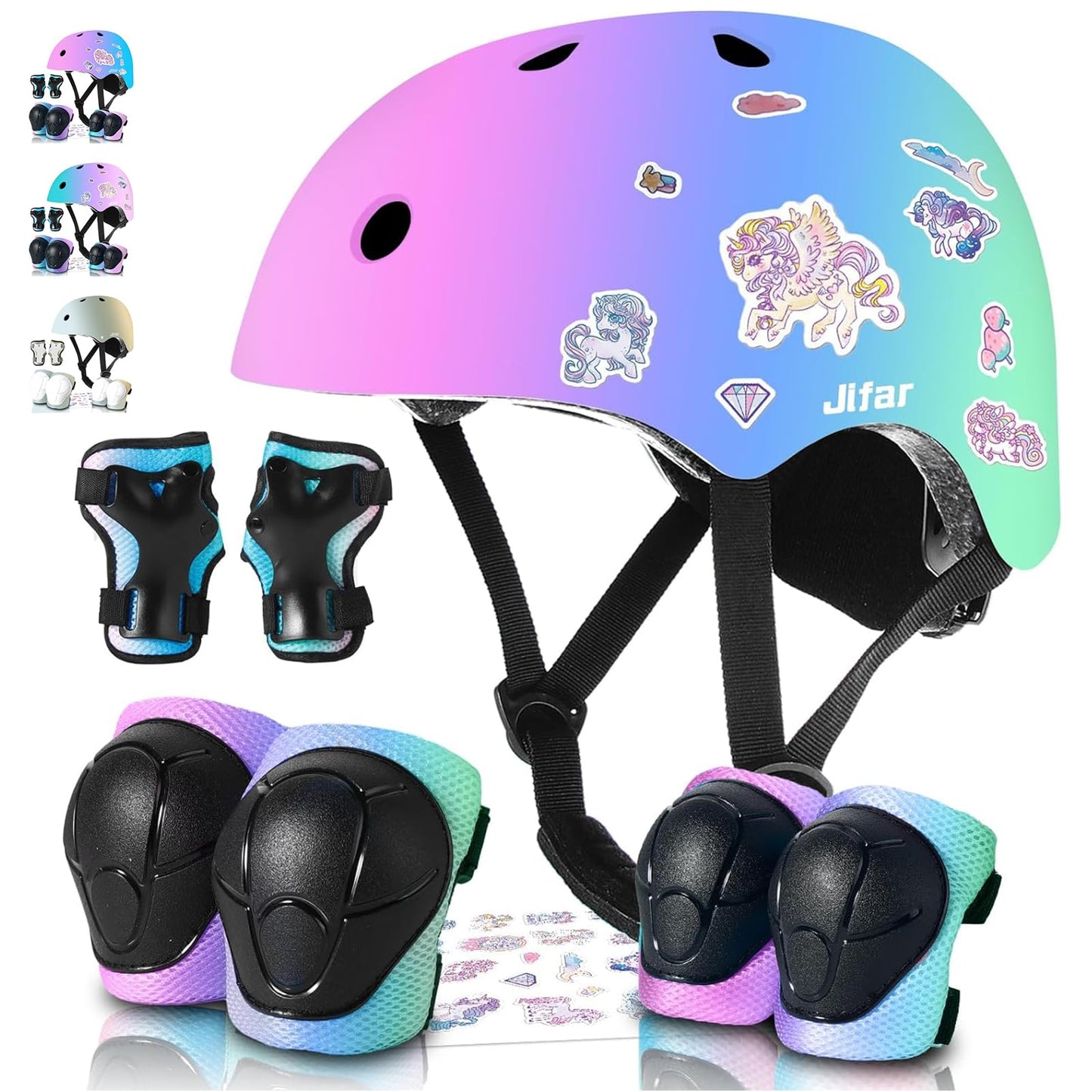 Sticker Adjustable Color Gradient Bike Kids Toddler Helmet and pads for Kids 3-5-8-14+Boys Girls Child Skateboard Helmet with Knee Pad Elbow Pads Guards,Riding Scooter Roller Inline skatings Longboard