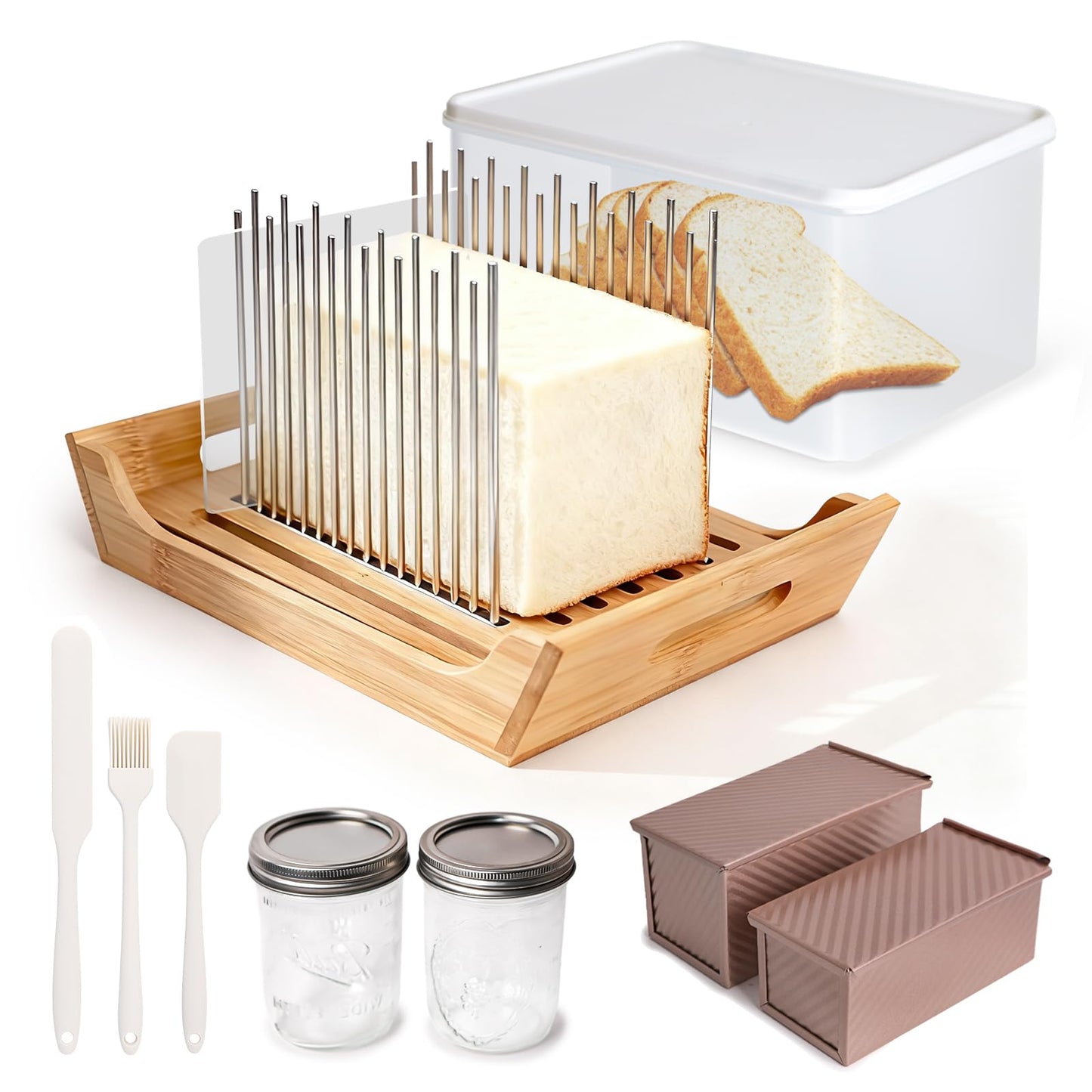6 In 1 Homemade Bread Slicer With Bread Box For Homemade Bread，Adjustable 304 Stainless Steel Guide With Crumb Tray 2 Loaf Pan With Lid Mason Jars Basting Pastry Brush And Scraper Bread Loaf Slicer