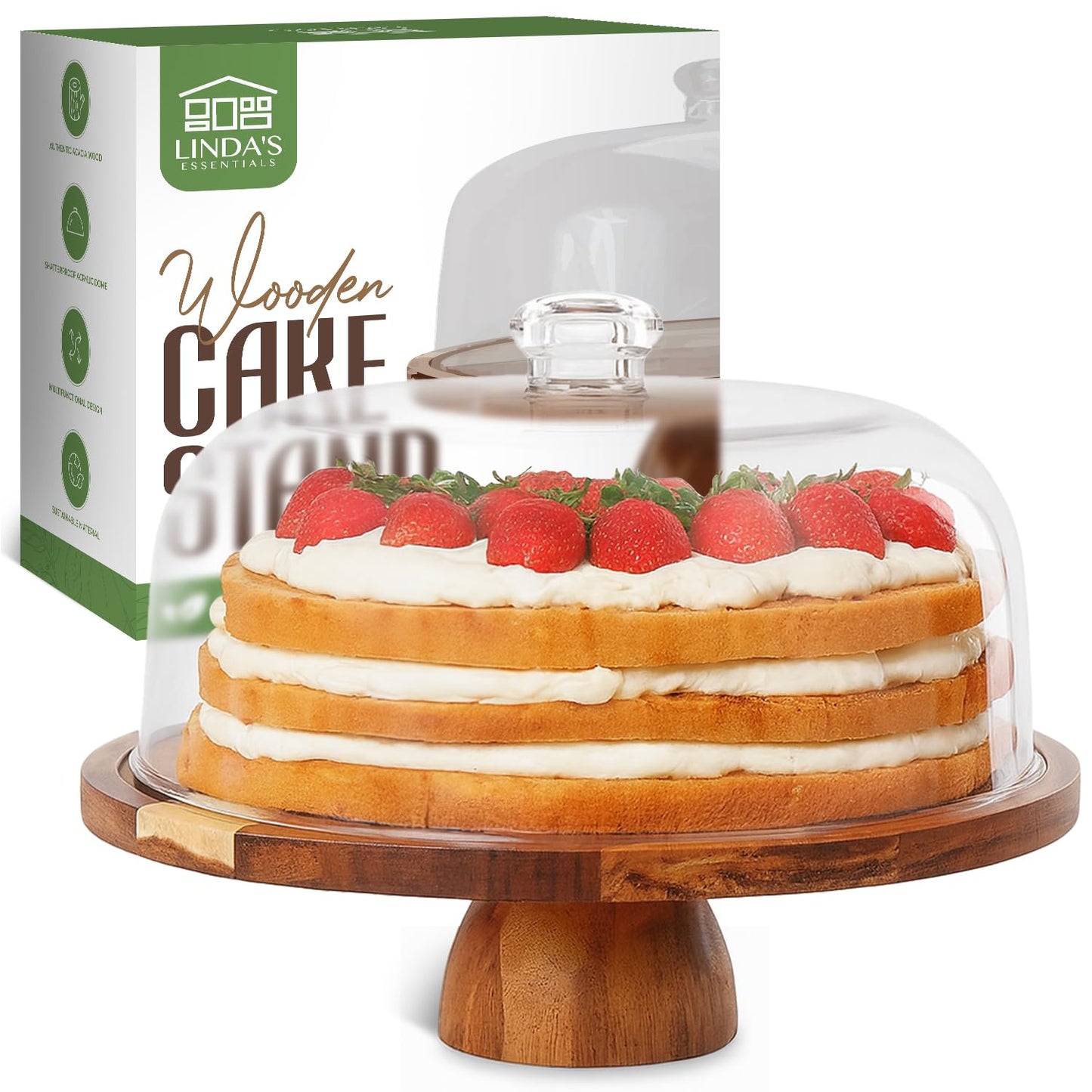 Linda’s Essentials Acacia Wood Cake Stand with Lid (Acrylic) 12 Inch Round Cake Holder Stand with 5 Bonus Cake Sheets, 2-in-1 Wooden Cake Stand with Dome & Charcuterie Board for Cheese, Cake Plate