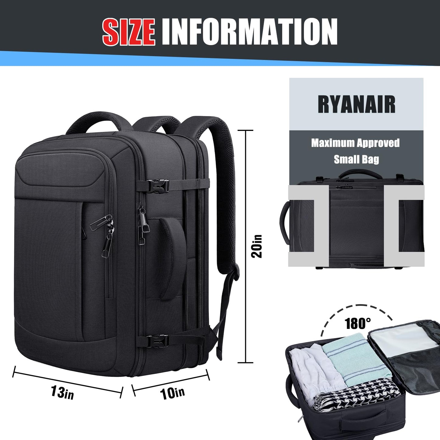 Travel Backpack, Expandable 50L Carry On Backpack, Extra Large Anti-Theft TSA Flight Approved Large Weekender Daypack Bag for Men and Women, Waterproof Pocket Lightweight Travel Gifts for Men, Black