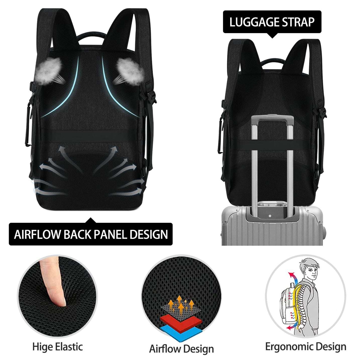Travel Backpack for Men Women 17 Inch Flight Approved Carry on Backpack Waterproof Large 40L Luggage Daypack Business College Weekender Overnight Laptop Backpack with 3 Packing Cubes, Black