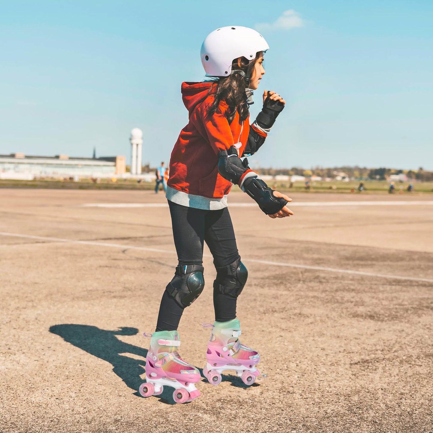 LEVYTEMP Rainbow Roller Skates for Girls Kids, Gradient Pink 4 Size Adjustable Quad Skates Size X-Small Ages 6-12 with All Light Up Wheels for Kids Youth Outdoor Indoor