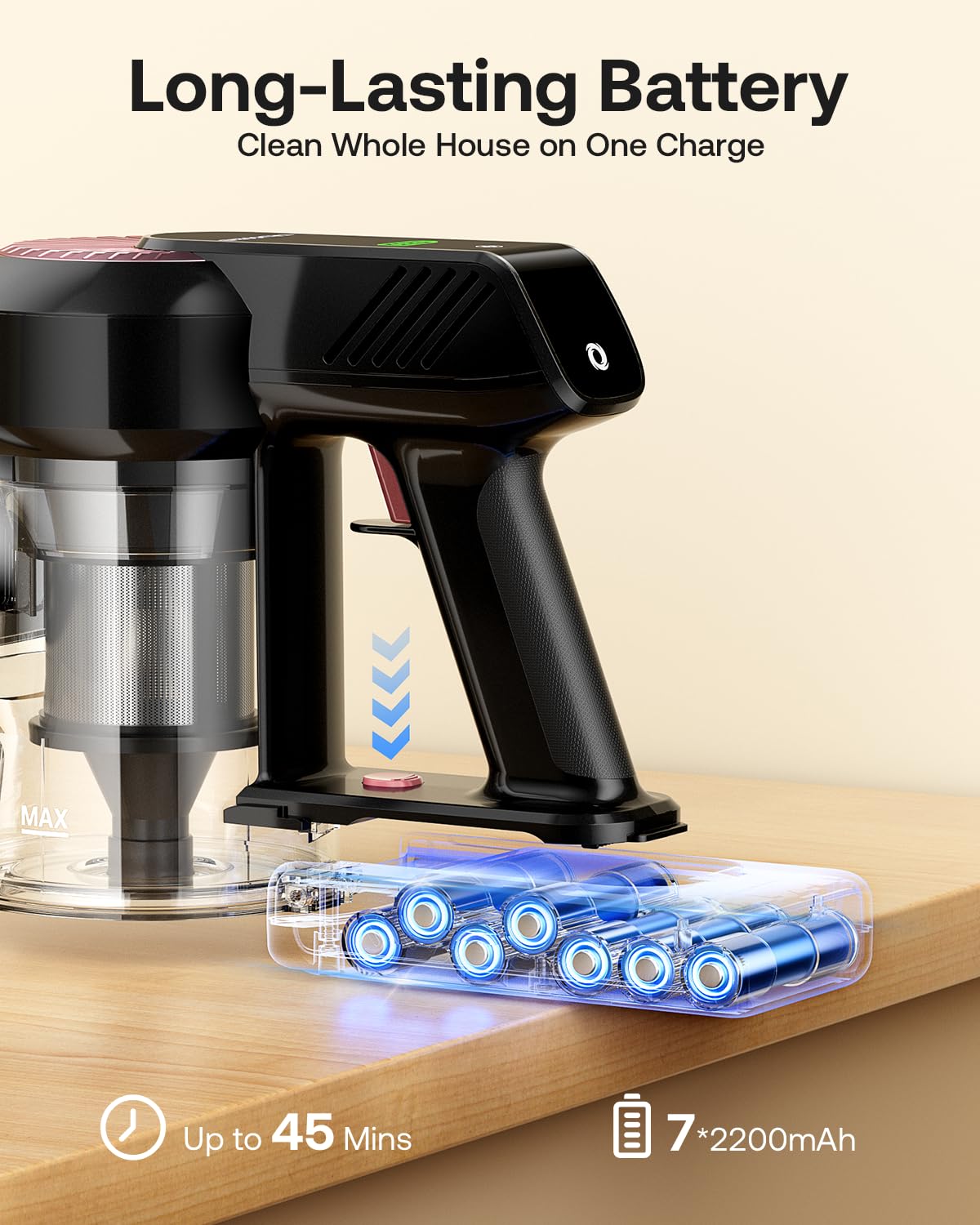 Cordless Vacuum Cleaner, 40Kpa 45Mins Vacuum Cleaners for Home, 8-in-1 Lightweight Stick Vacuum with Powerful Suction, Anti-tangle Wireless Vacuum for Carpet, Tile, Pet Hair, Hardwood Floors, Black