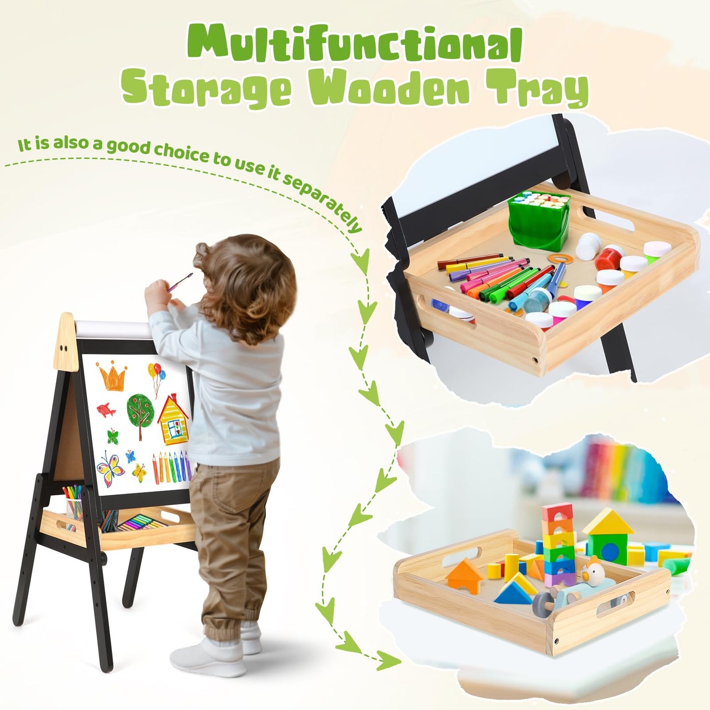 3 in 1 Easel for Kids with Wood Tray Double Sided Kids Easel with Paper Roll,Magnetic Chalkboard & White Board Height Adjustable Painting Standing Drawing Board for Toddlers Childrens 2+ (Black)