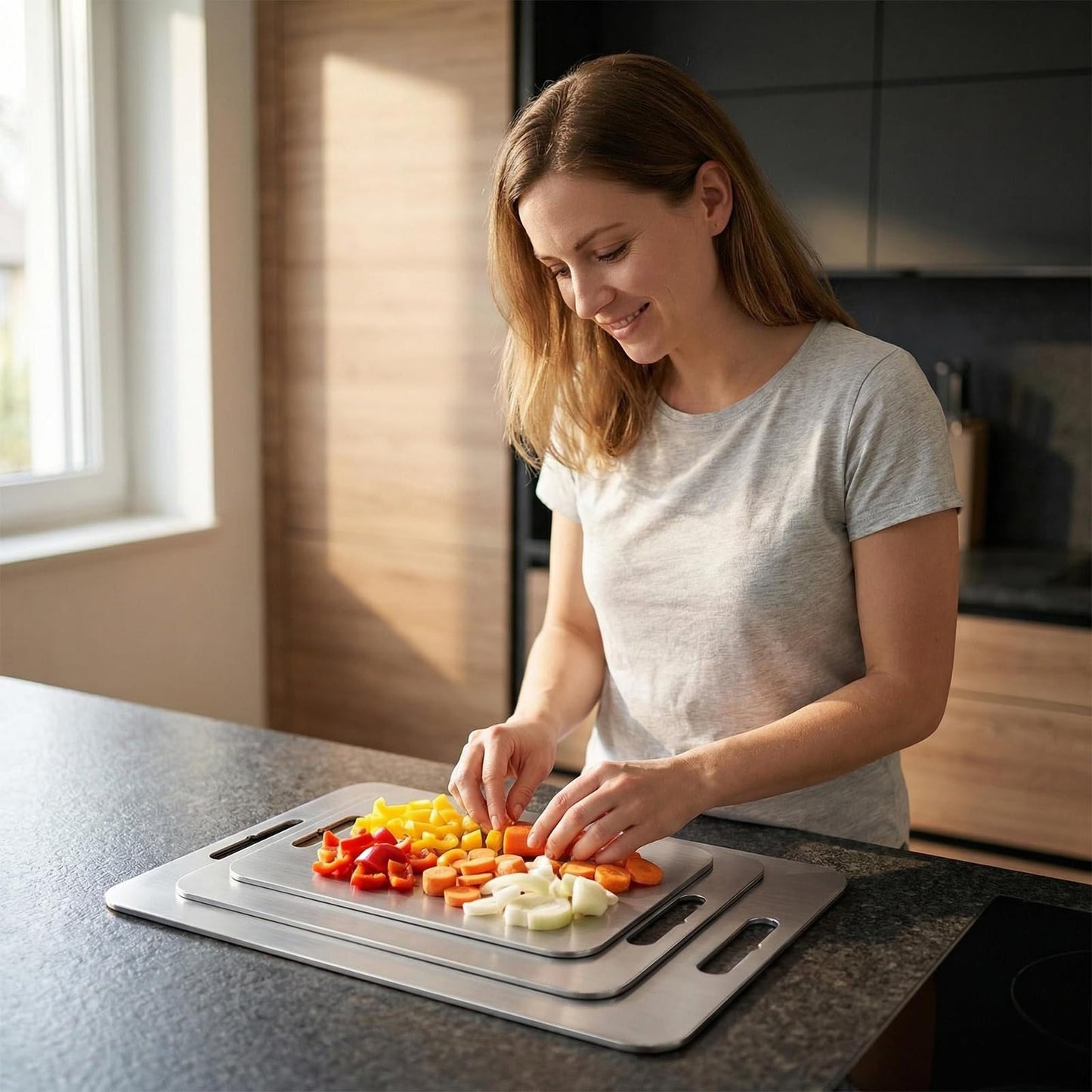 Titanium Cutting Board Set of 3, 100% Pure Titanium Cutting Boards for Kitchen, Double-Sided Non-Toxic Cutting Board for Dicing Meats Fruits Vegetables, Dishwasher Safe (S+L+M)