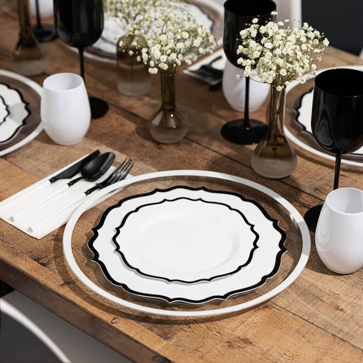 Contemporary Collection Combo White Plates with Black Rim - 7.5" - 10.5" (Pack of 32) - Sleek Modern Design - Perfect for Entertaining & Everyday Use