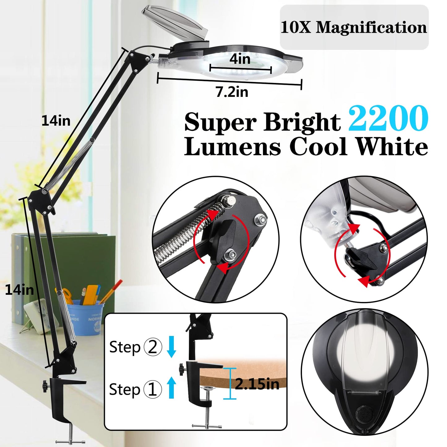 10X LED Magnifying Lamp with Clamp, KIRKAS 2,200 Lumens Dimmable Super Bright Daylight Magnifying Glass with Light, Adjustable Swivel Arm Lighted Magnifier Lamp for Reading Repair Crafts- Black