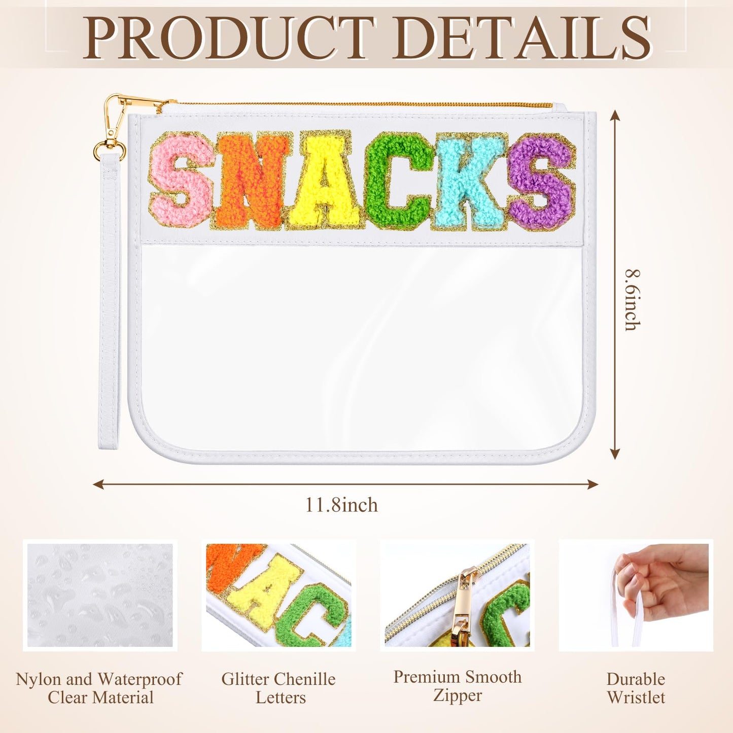 Abbylike 12 Pcs Snack Bags Clear Chenille Letter Snacks Zipper Pouch Waterproof PVC Large Travel Makeup Cosmetic Storage Organizer Bag for Mom Team Cheerleaders Teacher (White)