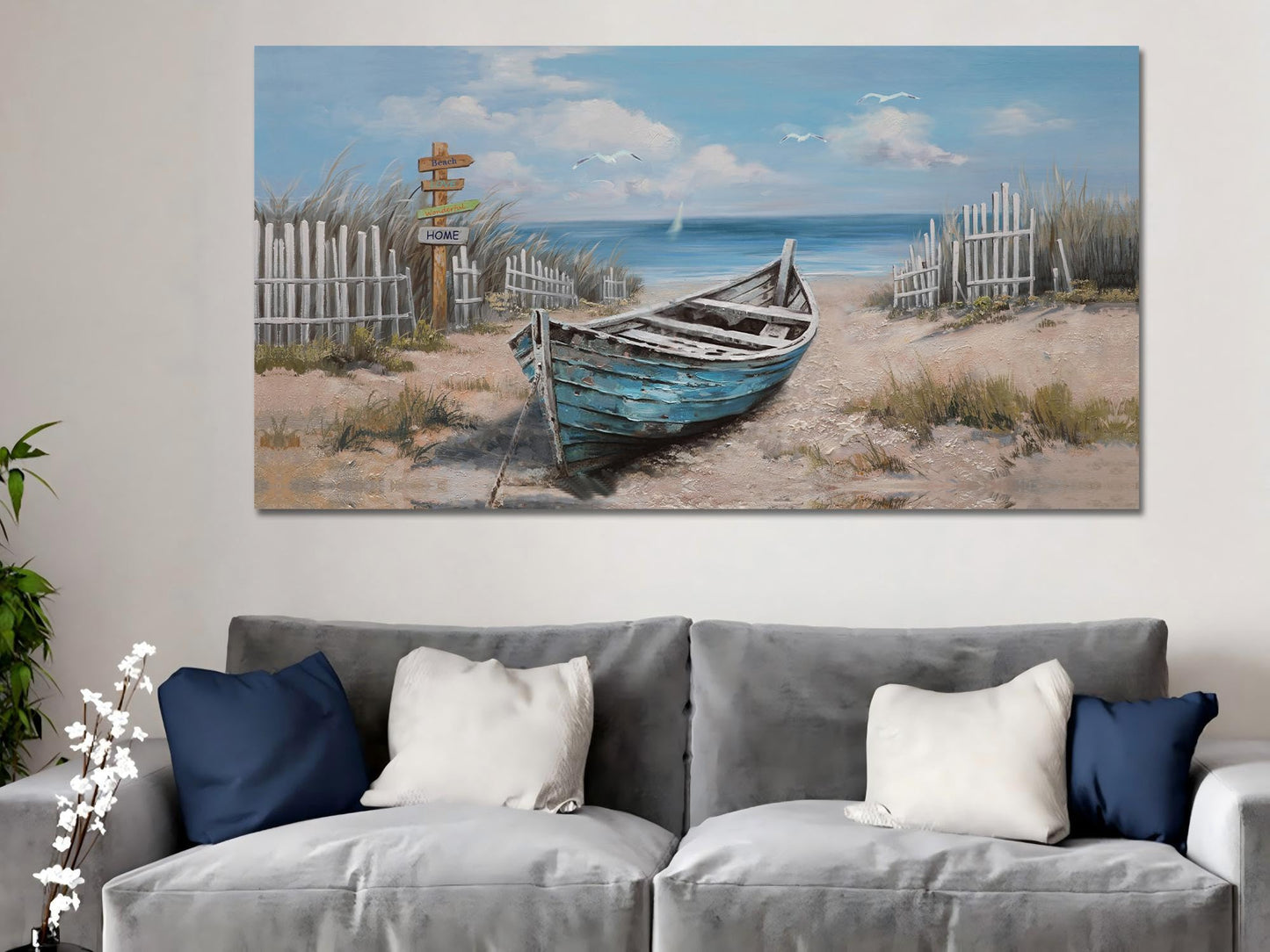 Ardemy Blue Coastal Wall Art Textured Beach Painting Turquoise Teal Sea Shore Picture Modern Boat Artwork Framed Living Room Bedroom Kitchen Bathroom Dinning Room Home Office Wall Decor Large 48"x24"
