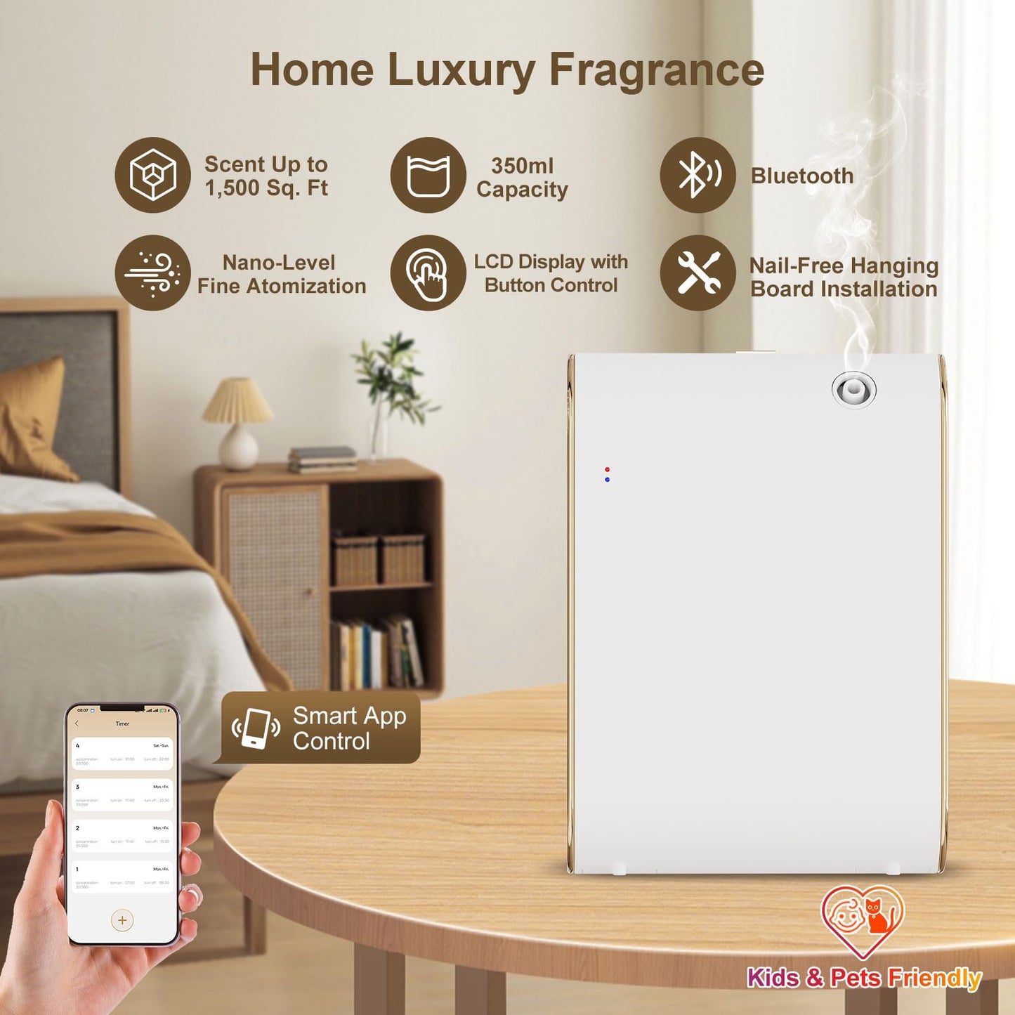 Smart Scent Air Machine for Home, 350ml/2000 Sq. Ft Bluetooth Waterless Essential Oil Diffuser, Aroma Diffuser for Office, Spa