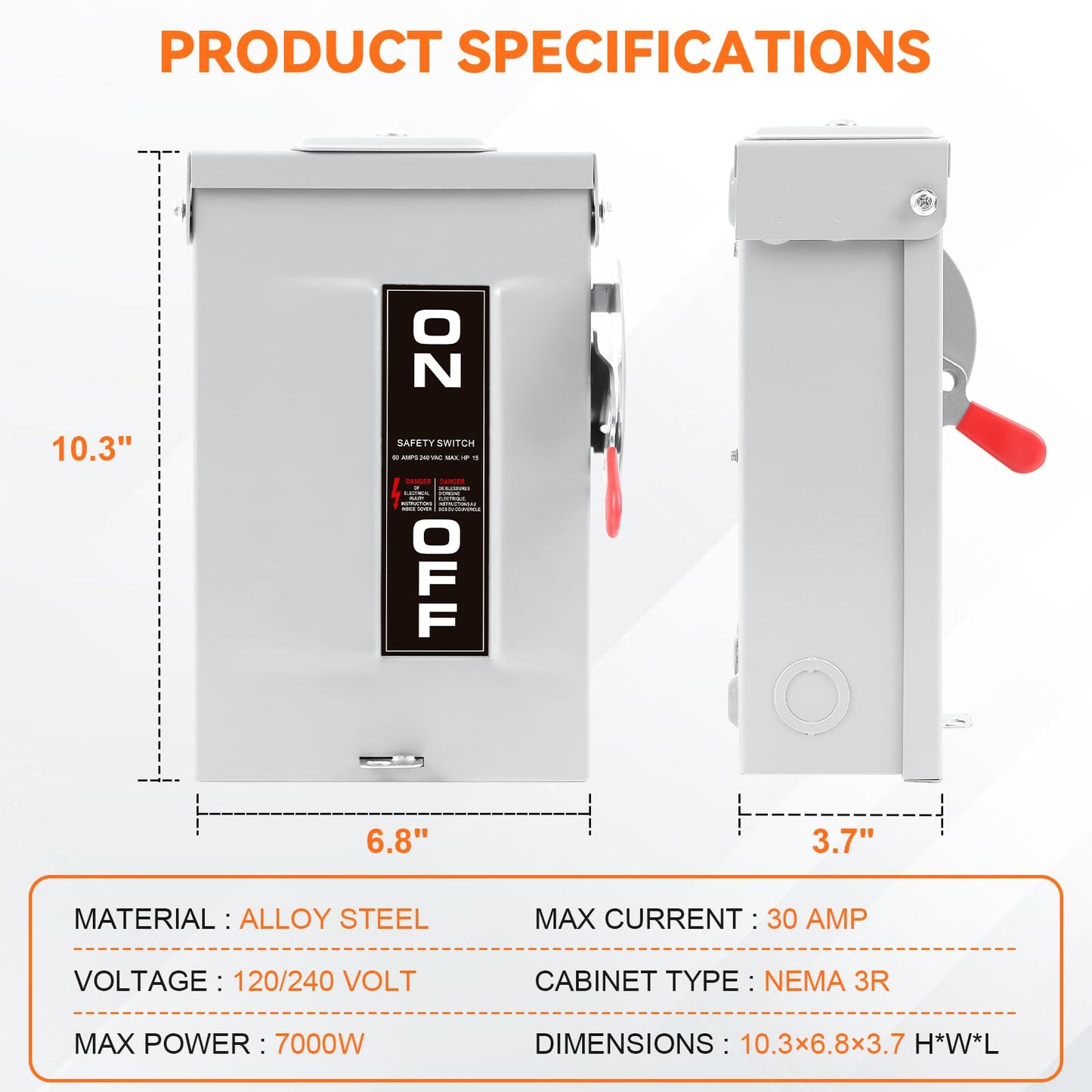 30 Amp Disconnect Switch,3 Pole Safety Switch,Non-Fusible,Indoor&Outdoor,Meeting NEMA 3R Standards,Galvanized Steel，Anti Corrosion and Rust Prevention,10-Year Warranty