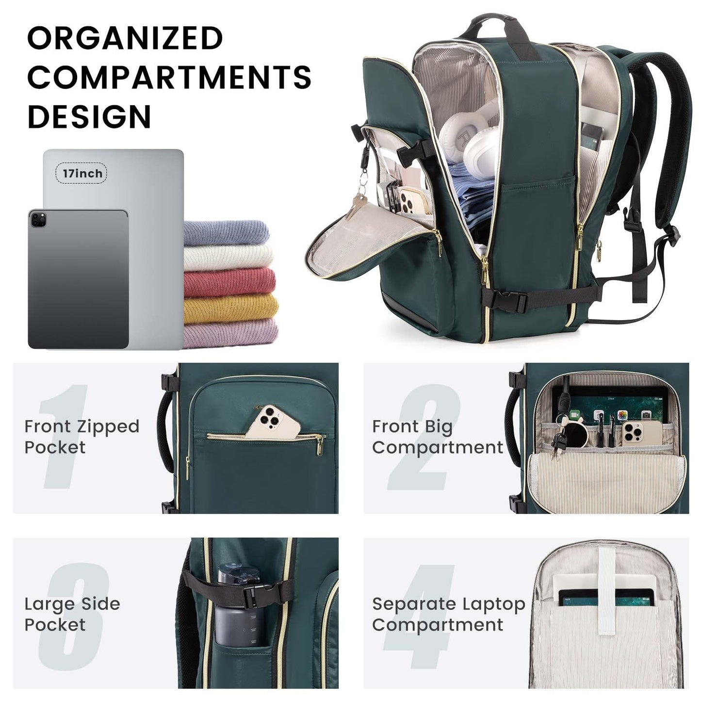 LOVEVOOK 40L Large Travel Backpack for Women Men, 17 Inch Carry on Backpack for Traveling on Airplane, Personal Item Travel Bag Airline Approved, Business Causal Weekender Backpack, Green-Black