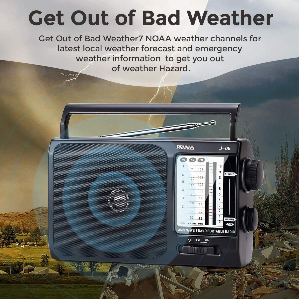 NOAA Weather AM FM Portable Radio with Best Reception, Transistor Radio, Battery Operated Radios by 3X D Cell Batteries or AC Power for Household & Outdoor, Plug in Wall by PRUNUS