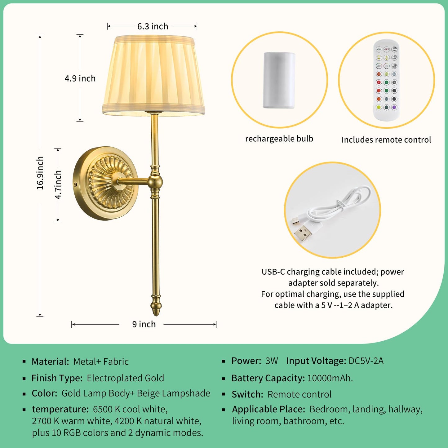 Cordless Wall Sconces Set of 2,10000mAh Small Wireless Battery Operated Wall Sconces Set of Two with RGB LED, Remote, Timer & Dimmable Fabric Gold Wall Lamps for Bedroom, Living Room, Hallway (Gold)