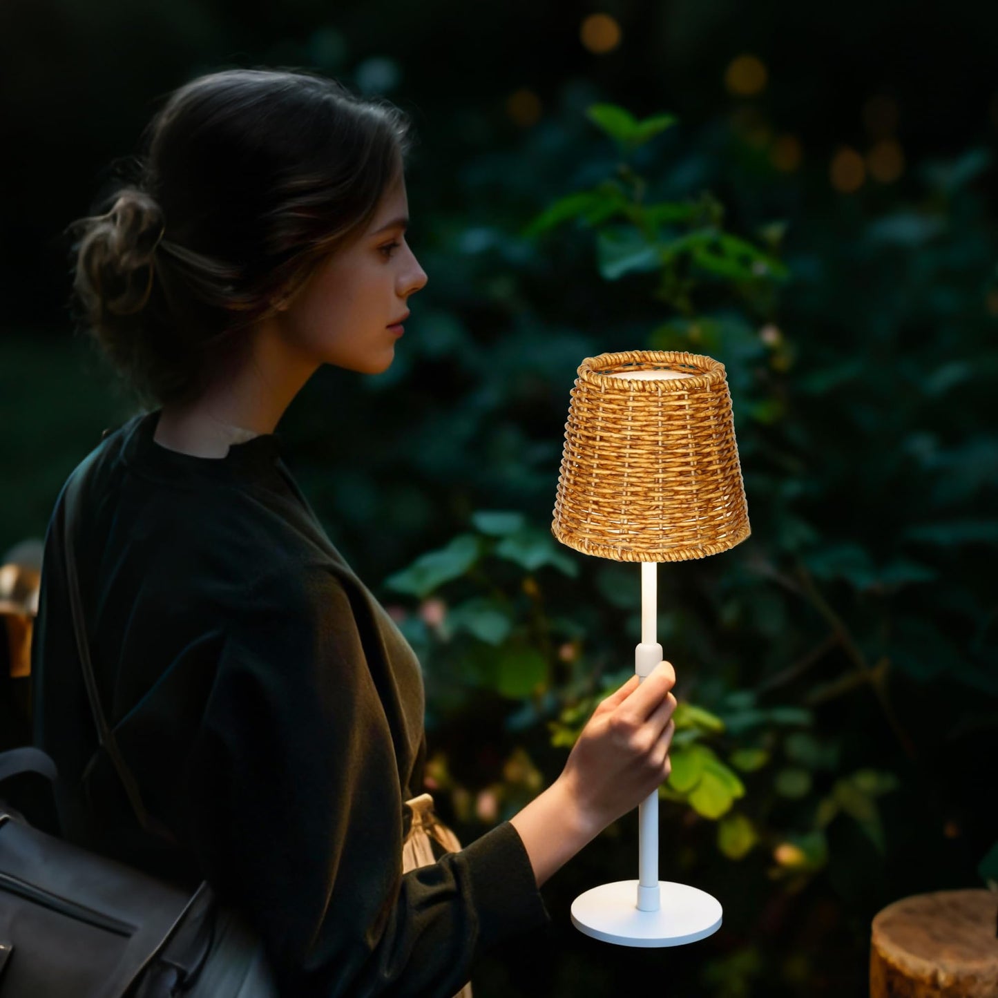 Mr.White Outdoor Waterproof Rechargeable Cordless Table Lamp with Telescopic Pole & Wicker Shade, 5200mAh Battery Operated Table Light with Touch Control, for Patio Restaurant Kitchen (White 2 Pack)