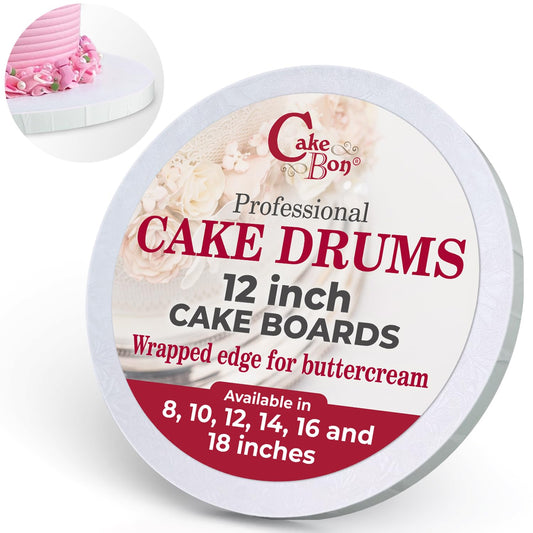 Cakebon Cake Boards - Sturdy 1/2 Thick Drums - 12 Inch Professional Fully Wrapped Edges White 12-Pack