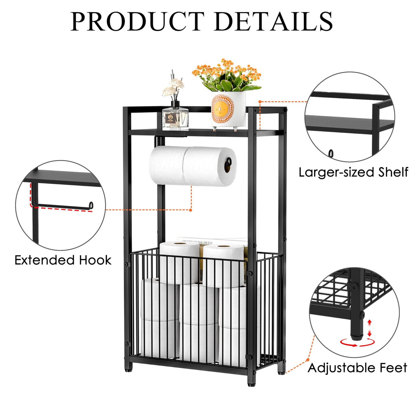 Freestanding Toilet Paper Holder with Storage Shelf - Larger Size Bathroom Tissue Stand with Space for Multiple Rolls, Phone, Wipes, and Magazines – All-in-One Toilet Roll Dispenser and Organizer