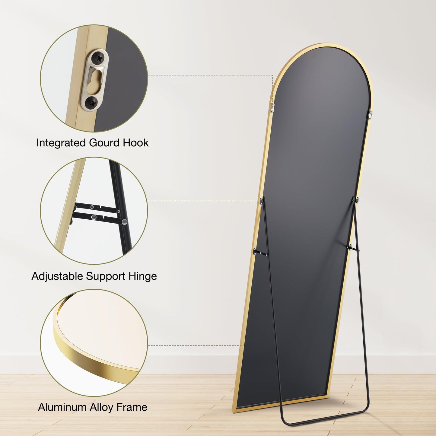 OLIXIS 64"x 21.5" Arched Mirror Full Length, Full Body Mirror with Stand, Hanging or Leaning for Wall, Floor Standing with Shatter-Proof Glass for Bedroom, Living Room, Long, Gold