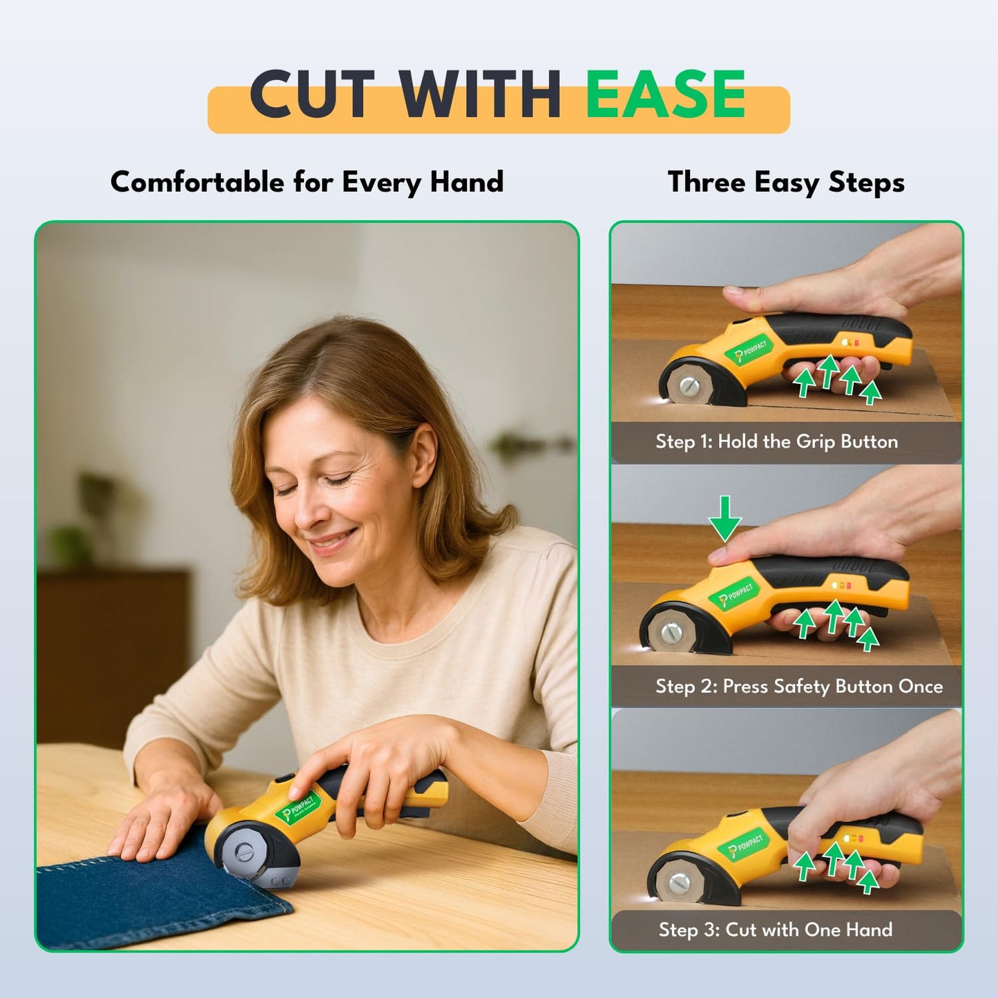 Powpact® High Speed Cardboard Cutter, Cordless Electric Scissors for Cardboard Fabric Carpet, Automatic Electric Box Cutter with Safety Lock - Rechargeable Battery, Heavy Duty Power, Rotary Cutting