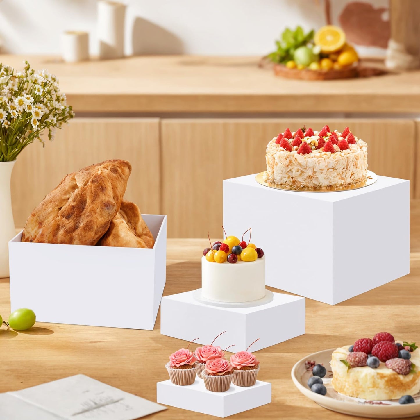 EI 8Pcs Acrylic Buffet Risers,High-end Classic Food Display Riser for Party,Catering,Jewelry Collectibles.White Heavy duty Dessert Table Display Set,Acrylic Cube Boxes Display Nesting Risers