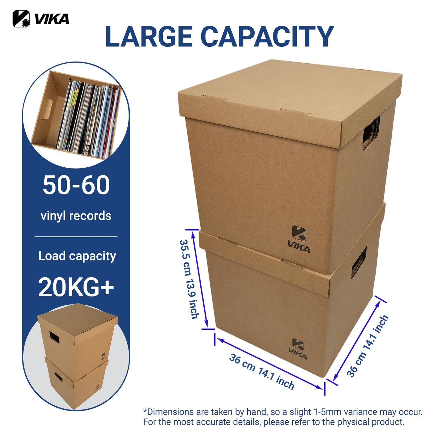 VIKA Vinyl Record Storage Box & Moving Box – Sturdy Cardboard with Removable Lids and Handles, Holds 60 Records/Laser Discs Each - Set of 4 Boxes (Kraft)